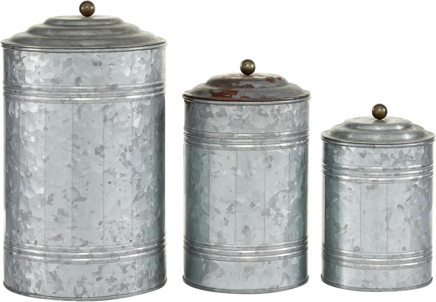 Deco 79 Metal Decorative Jars, Set of 3, 12″, 9″, 8″H, Galvanized Gray | Neat kitchen organization and storage, storage jars with lids, galvanized iron, bronze handles, farmhouse style