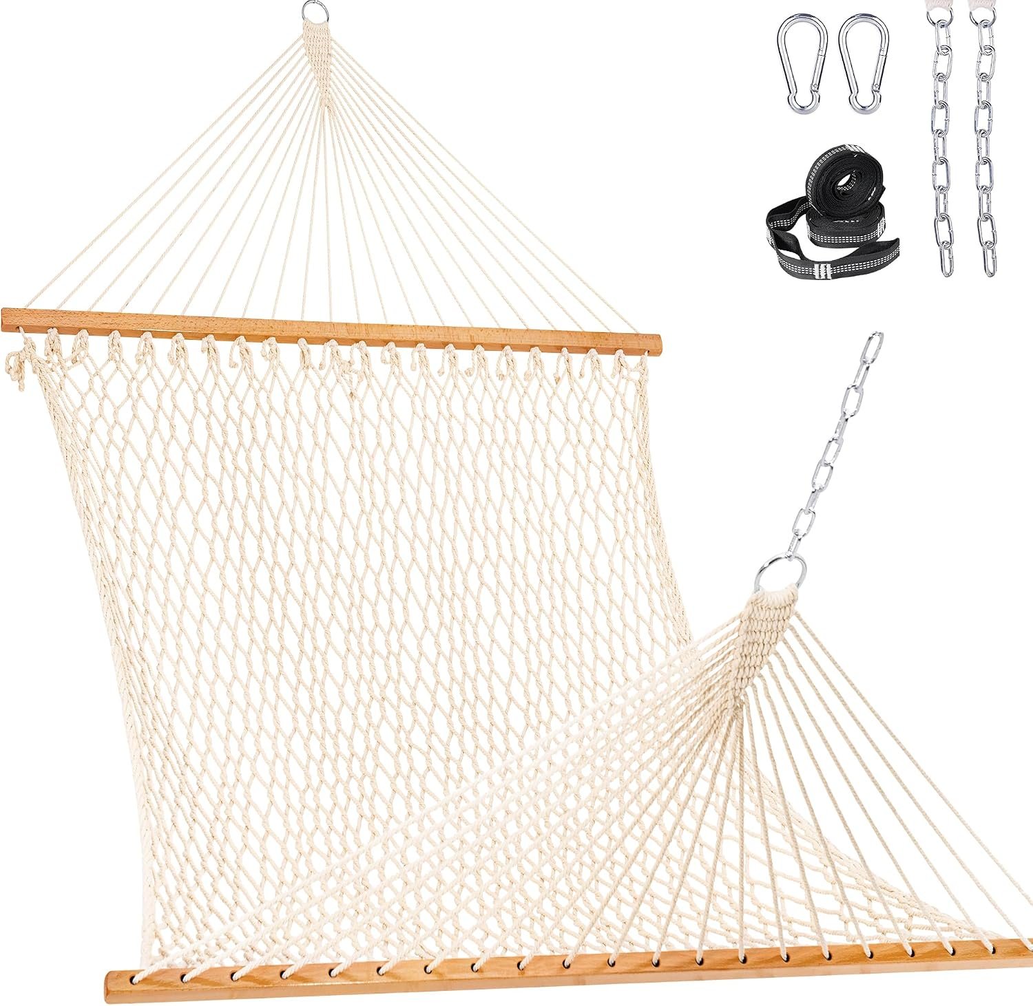 Lazy Daze Double Handwoven Rope Hammock for Outdoor Fits 12-14 Ft Stand | 11 Ft Hammock for 2 Person, with Spreader Bar, Tree Straps, Carabiners, Chains, 450 Lbs Capacity