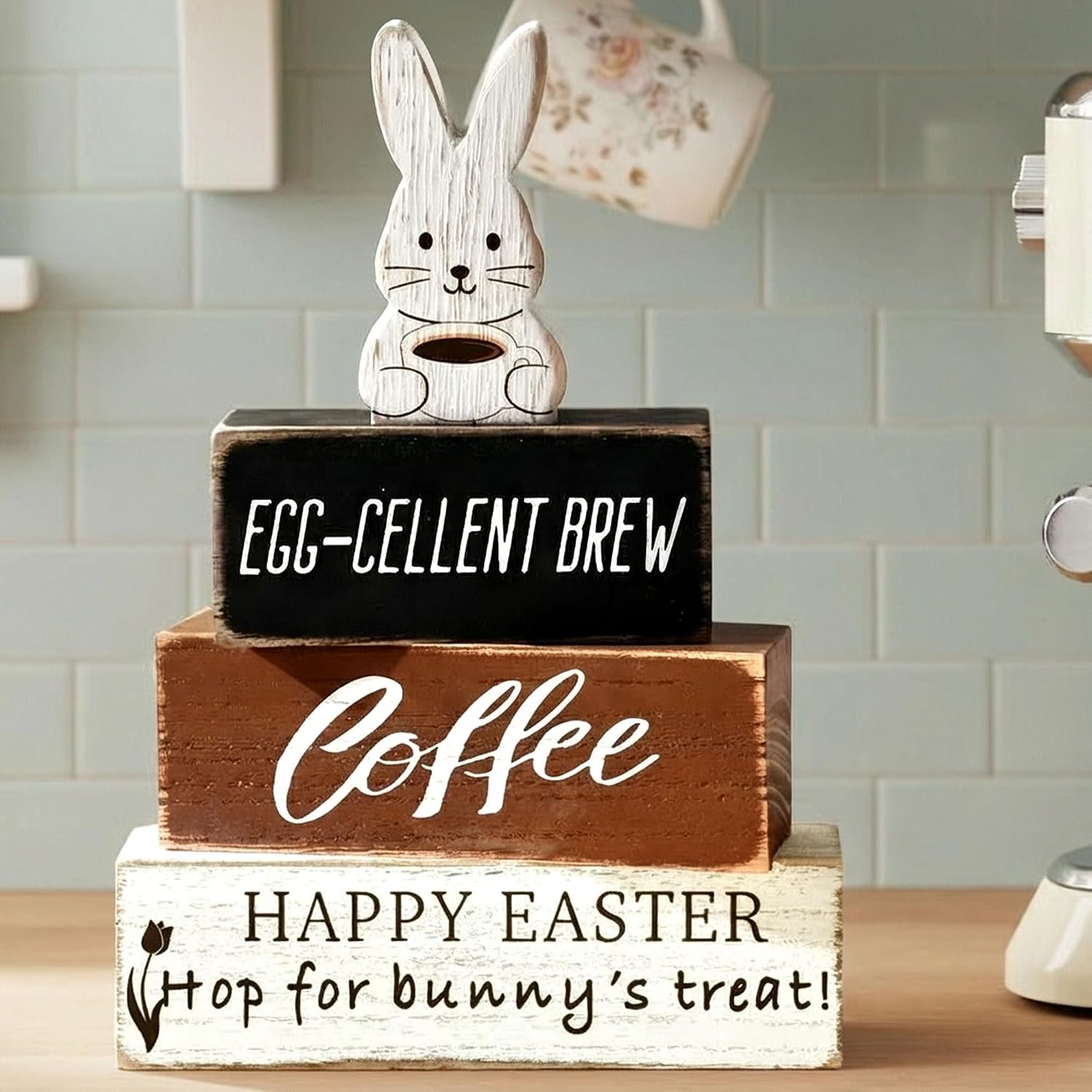 Easter Decorations Table Decor, Rustic Wood Coffee Bunny Table Decor Signs, Farmhouse Style Rabbit Table Centerpiece Tiered Tray Spring Decoration Set for Home, Indoor, Cafe Bar, Gifts for Coffee Lover, White Brown Black