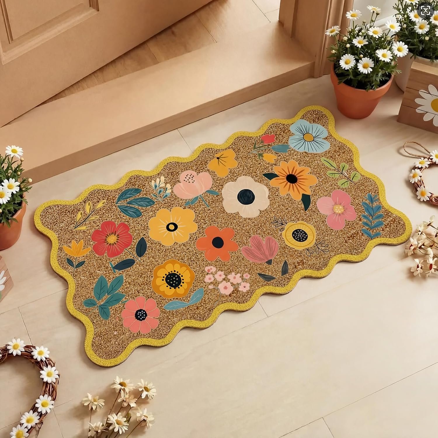 Spring Door Mat Outdoor Colorful Floral Welcome Doormat Retro Flowers Coir Mat Front Door Non-Slip Boho Decorative Gifts Rug for Indoor Home Outside Entrance Porch Spring Party Decor