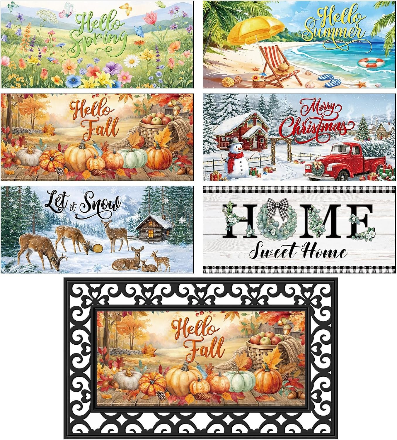 Tinideya 6pcs Seasonal Doormat Inserts Interchangeable Welcome Entrance Doormats Inserts 22 x 10 in Hello Spring Summer Fall Winter for Front Door Indoor Outdoor Holiday Decor Housewarming Gift