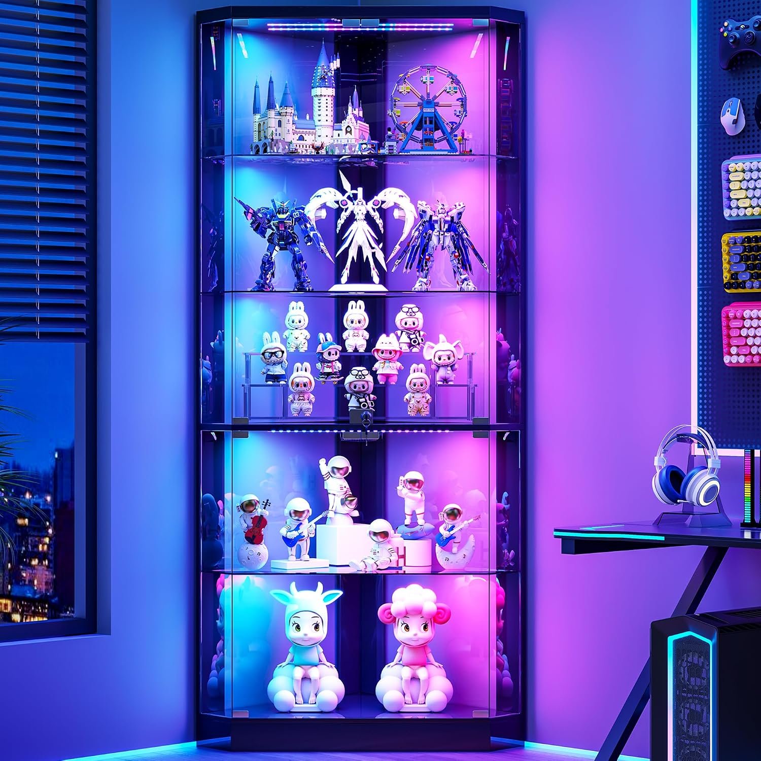 Lvifur 5-Tiers Corner Display Cabinet with RGB Light for Collectibles,Black | 69″ Tall Curio Cabinet Display Case with Lock, Showcase Display Shelf for Books,Collectibles,Liquor,Living Room,E-sports room