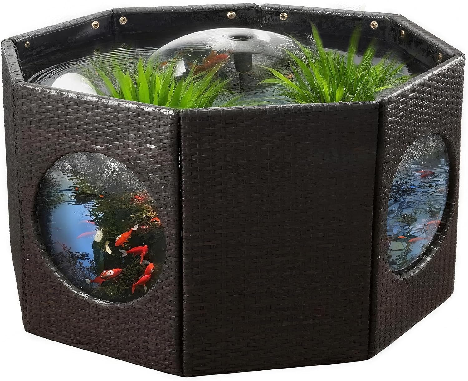 120 Gallon No Dig Outdoor Fish Pond Kits, Above Ground Fish Tank Rattan Pond with 4 Clear Windows,Koi Pond Includes Filter Pump & Spray Fountain,Thick Liner, Raised Fish Pond Easy Setup
