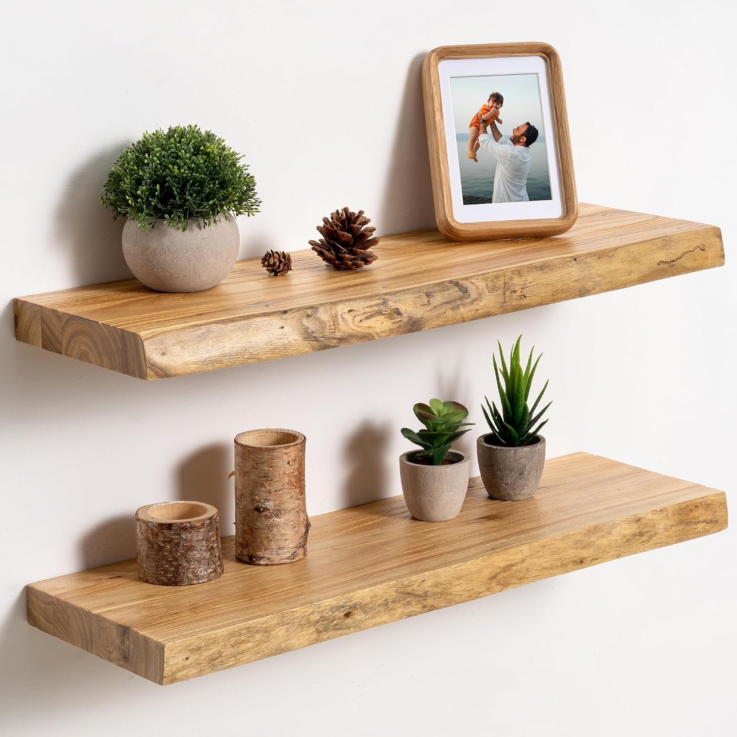 fuqing Live Edge Floating Shelves for Wall, 24 Inch Solid Elm Wood Shelves | Natural Elm Grain, 8in Deep, Invisible Heavy Duty Brackets, Rustic Wooden Shelves for Living Room, Kitchen, Bathroom, 2 Pack