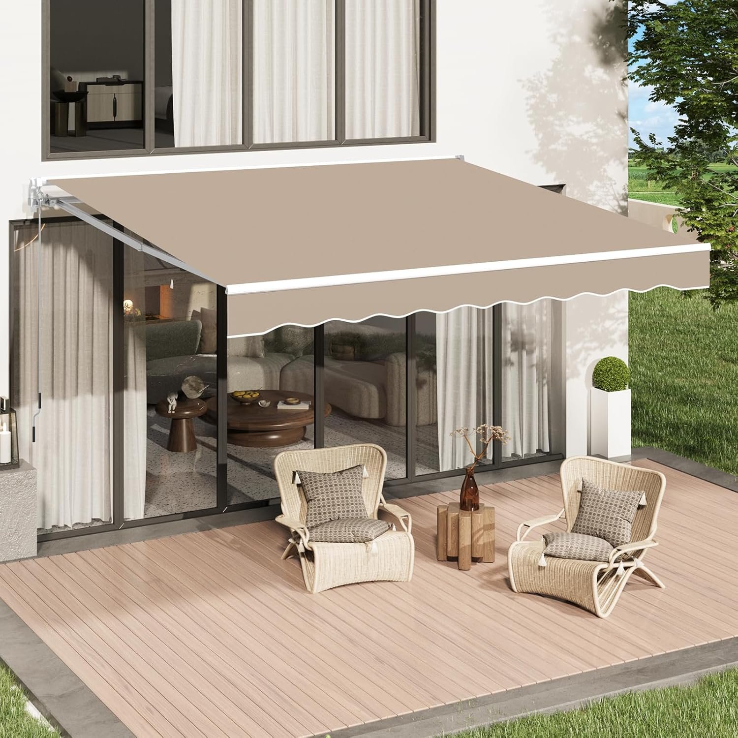 Awnings for Outside, 10′ x 8′ Retractable Awning for Patio, Beige | Sun Shade Manual Patio Awning, Outdoor Door Window Awning with Crank Handle for Deck,Porch, Home, Backyard, Balcony