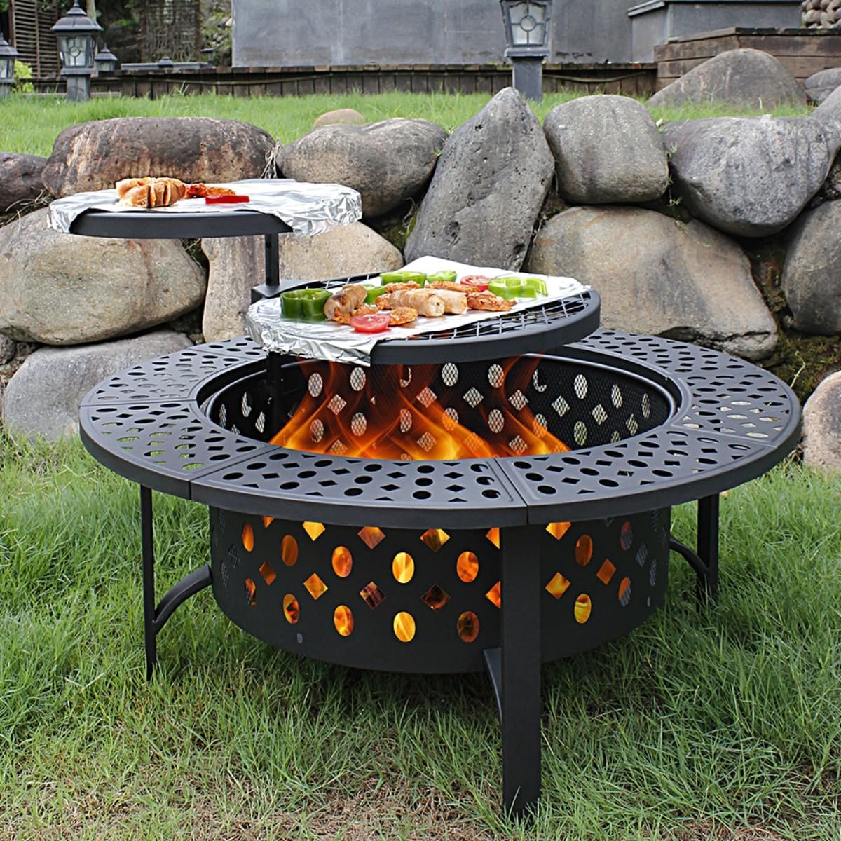 OutVue 42 Inch Fire Pit with 2 Grills, Lid, Poker | Large Wood Burning Fire Pits for Outside,Heavy Duty Fire Pit, BBQ& Outdoor Firepit & Round Metal Table 3 in 1 for Patio