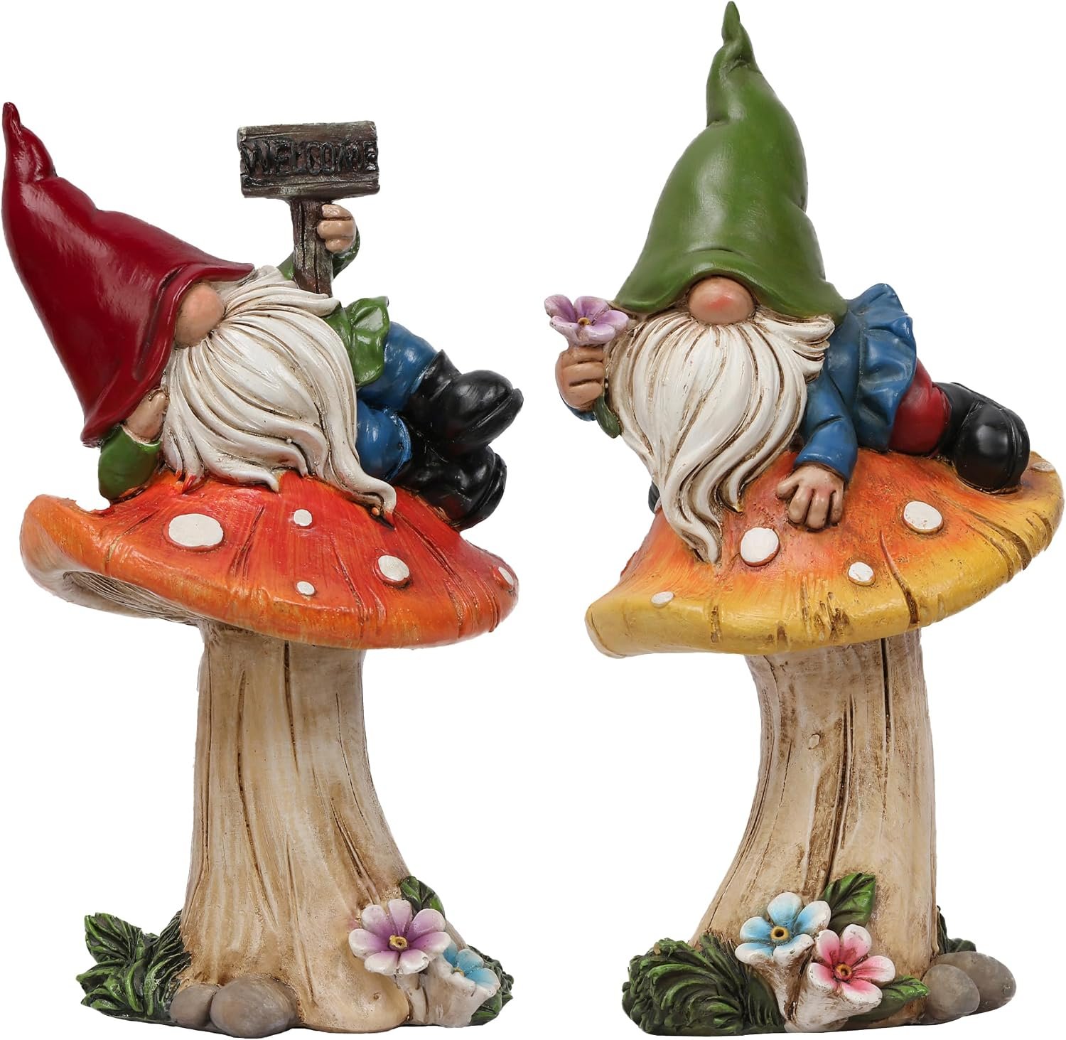 TERESA’S COLLECTIONS Garden Gnomes on Mushroom, Set of 2 Cute Resin Gnome Statues for Yard, Outdoor Patio Porch Lawn, Ideal Gift for Dad Mom Birthday, Outside Decor Housewarming Gifts