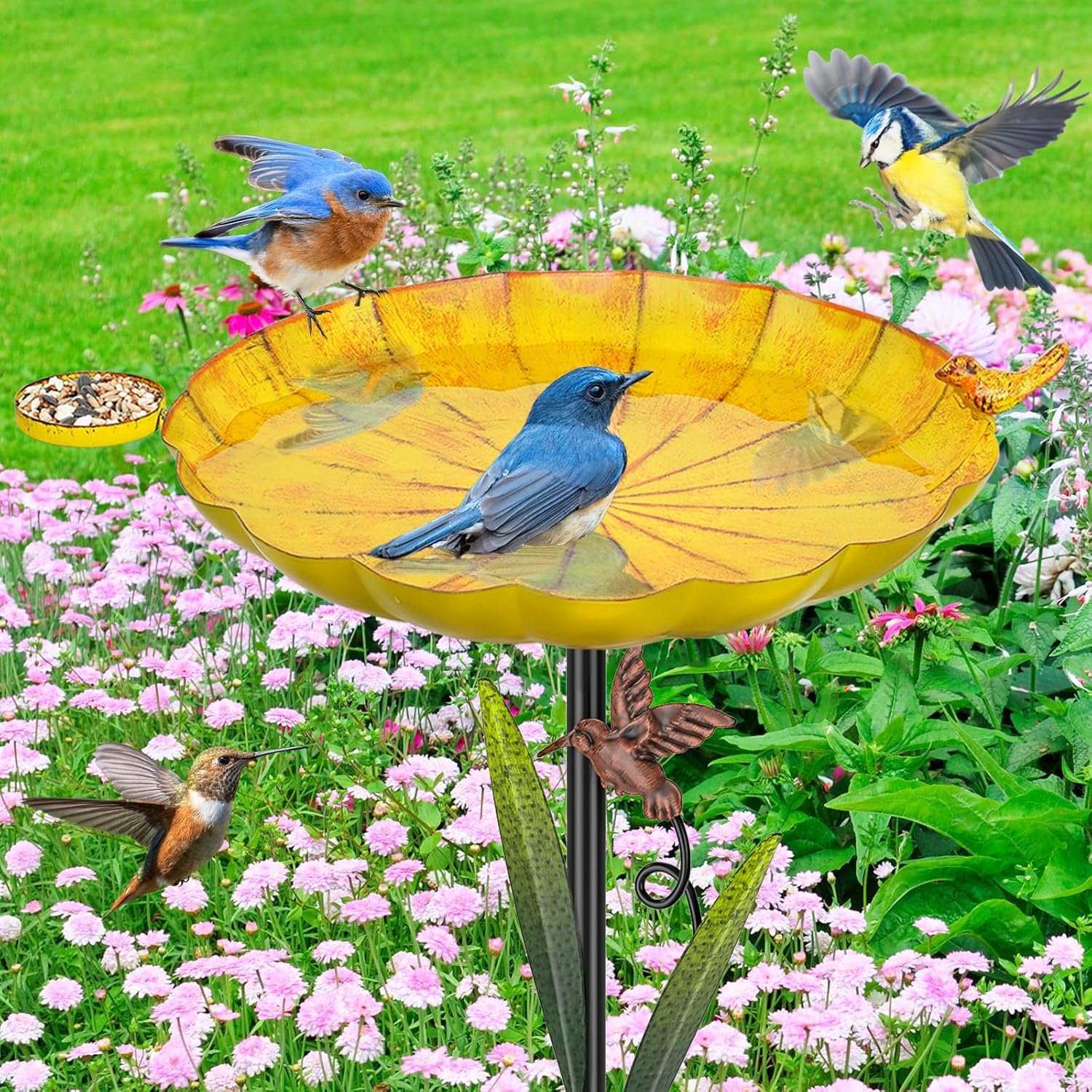 Metal Bird Bath for Outside,41.5″ Freestanding Garden Birdbath Bowl | Removable Birdbath Sturdy 5-Prong Stake Base, Durable Iron Bird Feeder with Decorative Bird for Patio Yard Lawn(Retro Yellow)