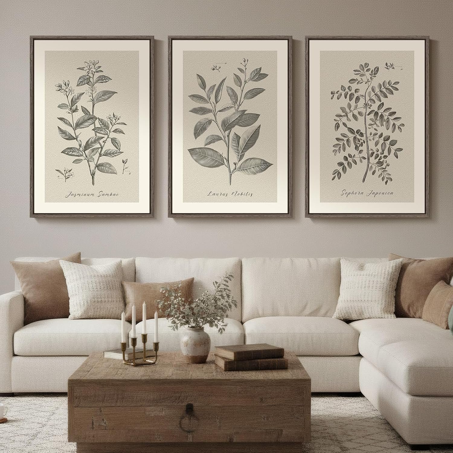 Large Framed 3 Piece Vintage Botanical Wall Art for Living Room, 24×36 In | Rustic neutral plant pictures, Wood frame, Canvas prints, Farmhouse wall decor, Bedroom kitchen hallway dining room artwork