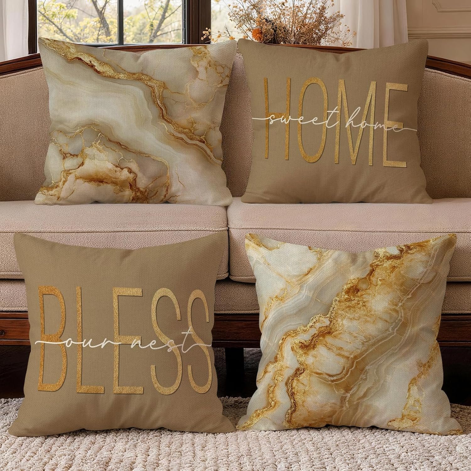 OBSEDE Gold Marble Home Bless Decorative Throw Pillow Covers 18×18 Set of 4 | Cozy Couch Cushion Cases, Abstract Farmhouse Style, Invisible Zipper, Single-Sided, Sofa Bed Living Room Housewarming Gift