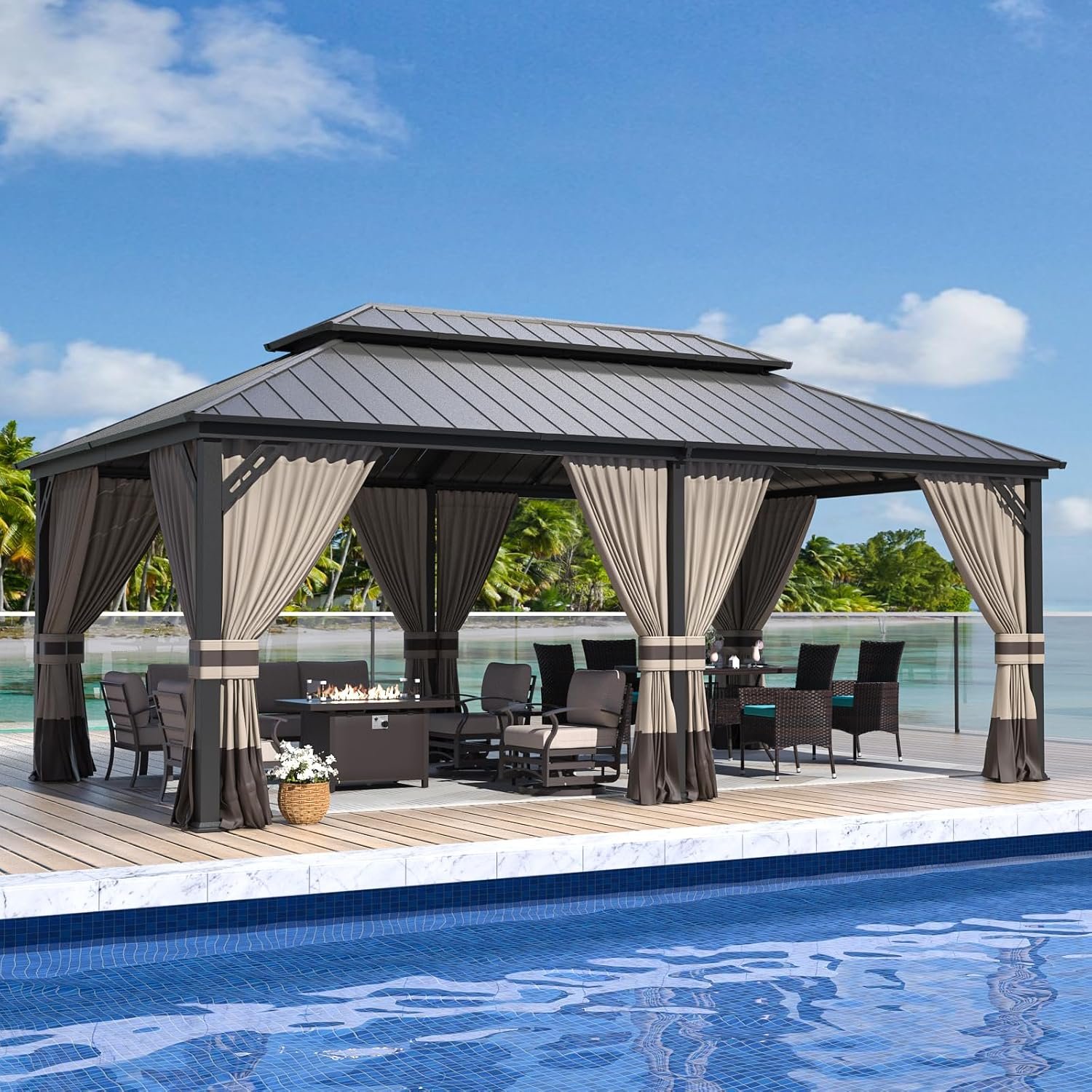 12’x20′ Hardtop Gazebo, Outdoor Double Roof Canopy with Netting and Curtains, Galvanized Metal Frame, Sunshade for Patio, Backyard, Deck and Lawns-Sand