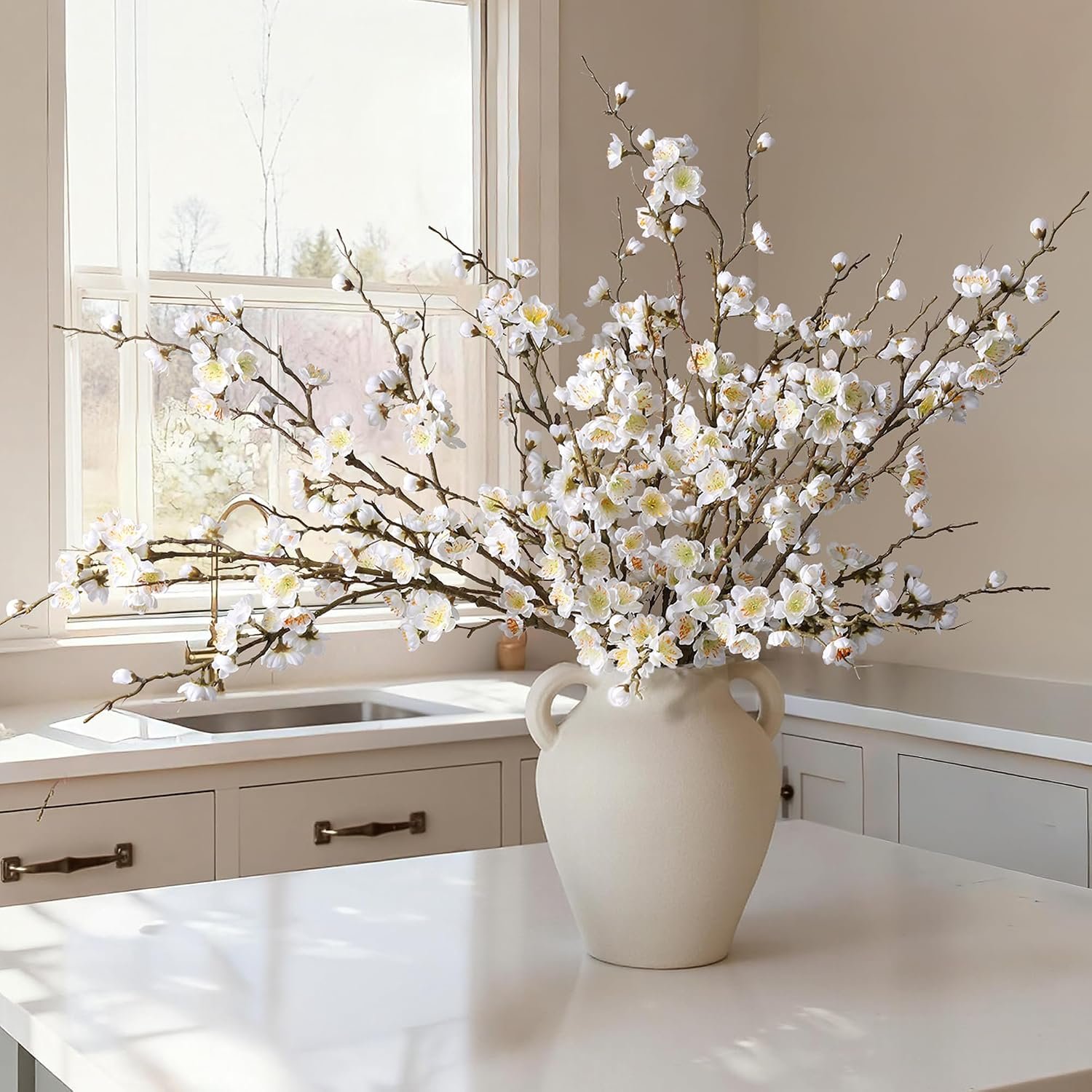 florisso 6 PCS Artificial Cherry Blossom Branches Spring Indoor Decoration, Faux Flowers 34.45″ Long Stems Plum Fake Peach Plants Real Touch Silk for Wedding Home Bedroom Party Table Office, White