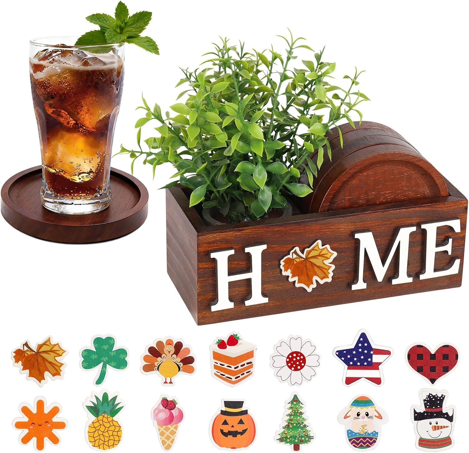Wood Coasters Set of 4 for Drinks with Holder for Table Decor | Interchangeable Home Sign Green Plants Potted Wooden Coaster Set for Farmhouse Office Bar Drink Coffee Coasters Decor