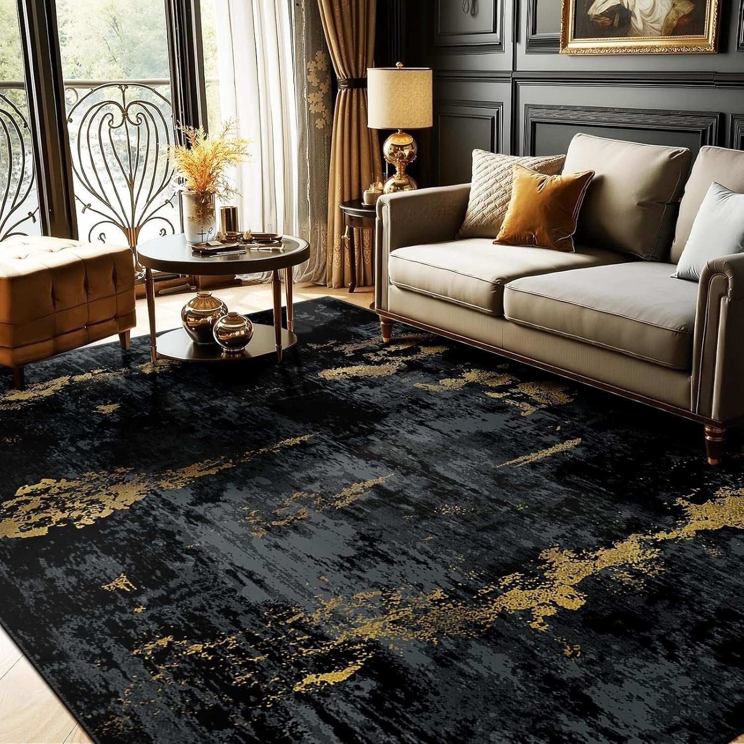 RELEANY Washable 5’x7′ Abstract Area Rug for Living Room Black Gold | Carpet for Bedroom, Kitchen, Office, Hallway and Entryway, Printed Pattern, Non‑Slip, Soft, Stain‑Resistant, Easy to Clean