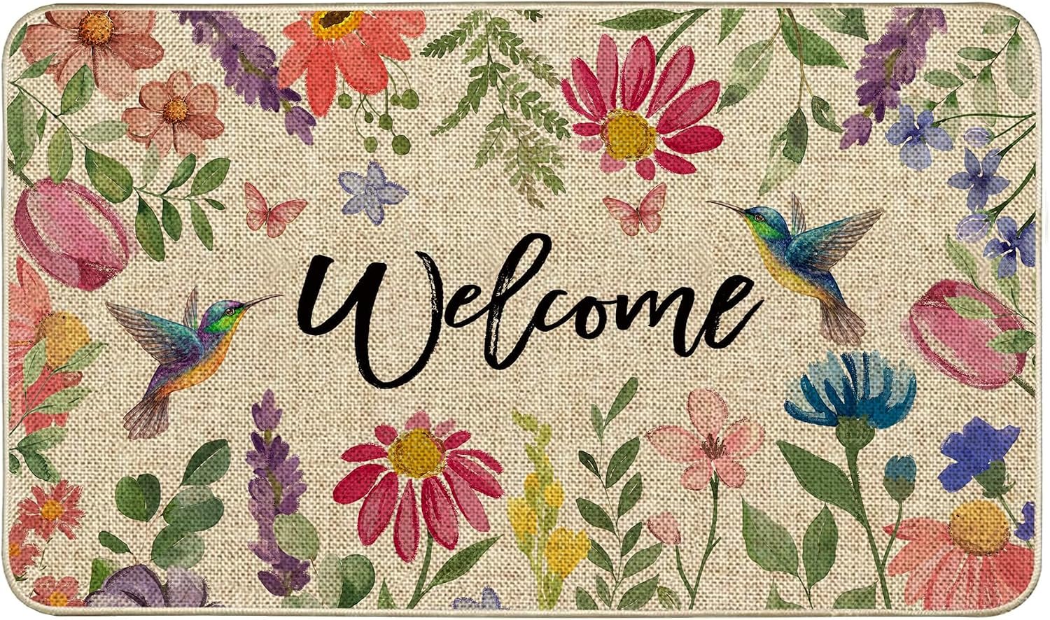 Wildfloral Doormat Spring Summer Decorative Low Profile Floor Rug | Hummingbird Flower Welcome 17 x 29 Inch Door mat, Seasonal Non-Slip Front Doormats, Rubber Backing Entry Rugs Decor for Home