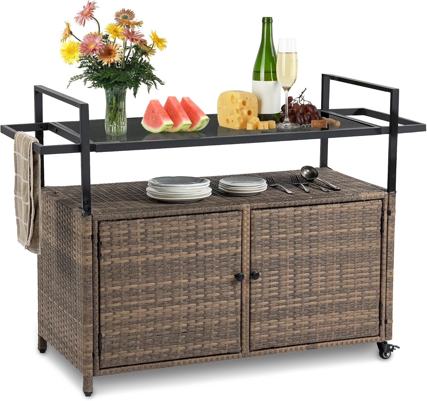 Wicker Outdoor Bar Cart – Brown Patio Console Table | Buffet Storage Cabinet Serving Kitchen Cart with Wheels for Outside Backyard