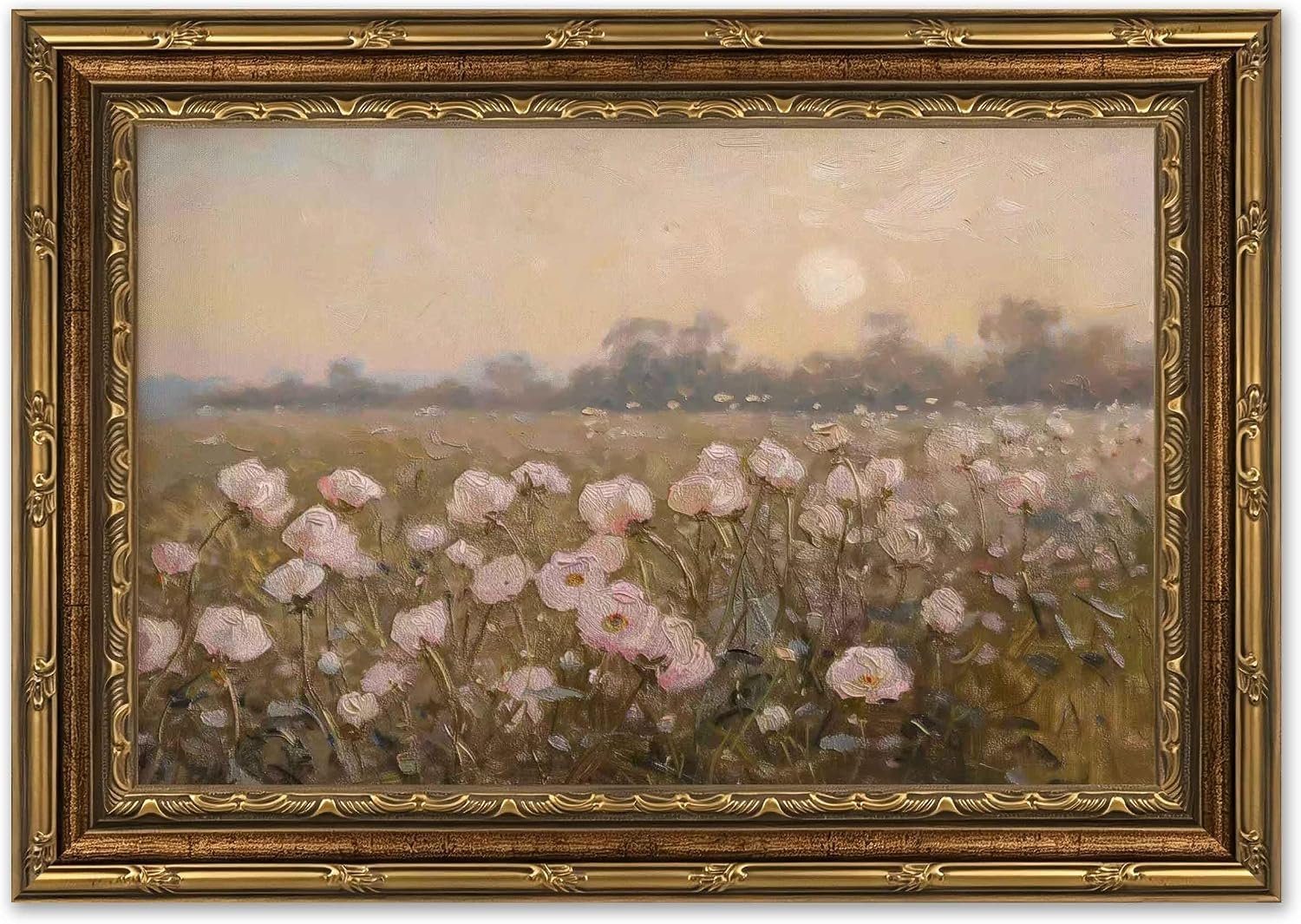 Gold Framed Vintage Pink Wildflower Canvas Wall Art, Spring Field Landscape Painting Picture Wall Decor, Farmhouse Flower Print Poster Artwork for Rustic Living Room Home Decoration 9x11in