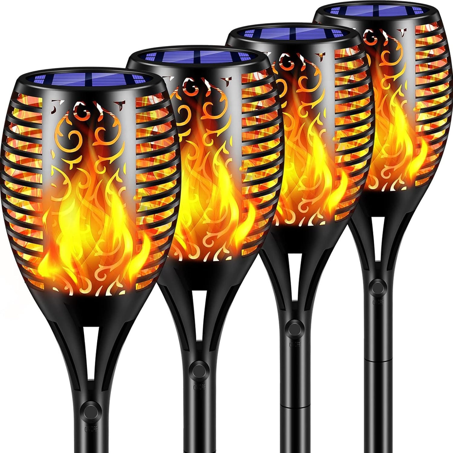 TomCare Flickering Flame Solar Torch Lights Outdoor, 43″ Tall, 4 Pack | Realistic 99-LED Flame Effect, Charges in 6-8 Hours, 10-12-Hour Runtime, IP65 Waterproof, Auto On/Off for Yard, Patio, Garden