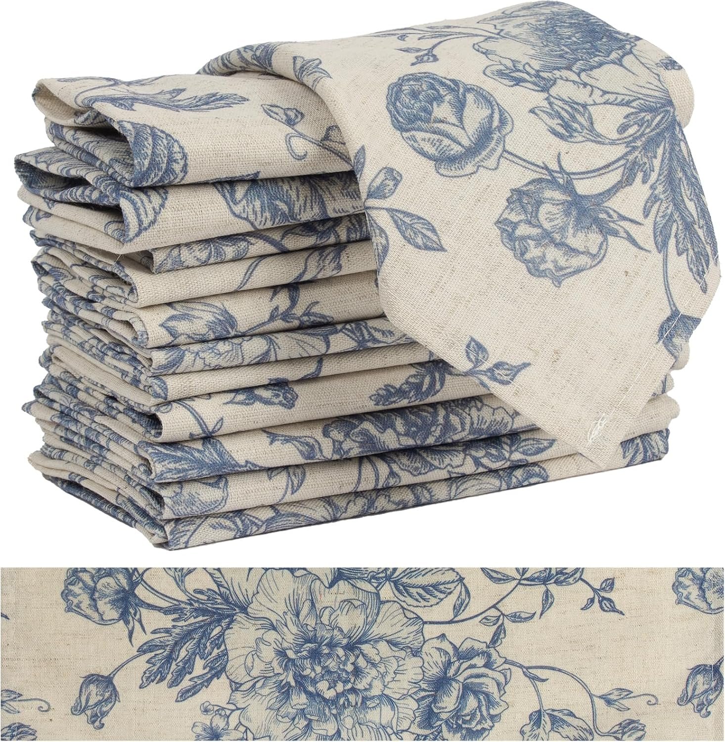 Blue Floral Cloth Napkins Set of 12, Vintage Linen Cotton Dinner Napkins 15×15 Inch – Reusable, Cottagecore Aesthetic Party Decorative Napkin Towels for Everyday Use, Weddings, and Holiday