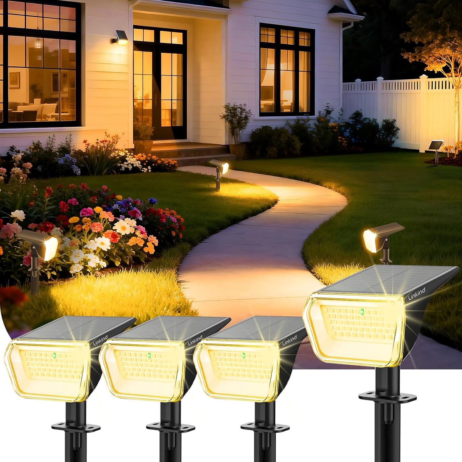 Linkind Solar Spot Lights Outdoor Waterproof Floodlight Warm White 4 Pack | Wide Beam, 60 LEDs, 800LM, 2 Lighting Modes, 3000K, Dusk to Dawn, for Landscape Garden Yard Patio Tree Flag Pathway Driveway