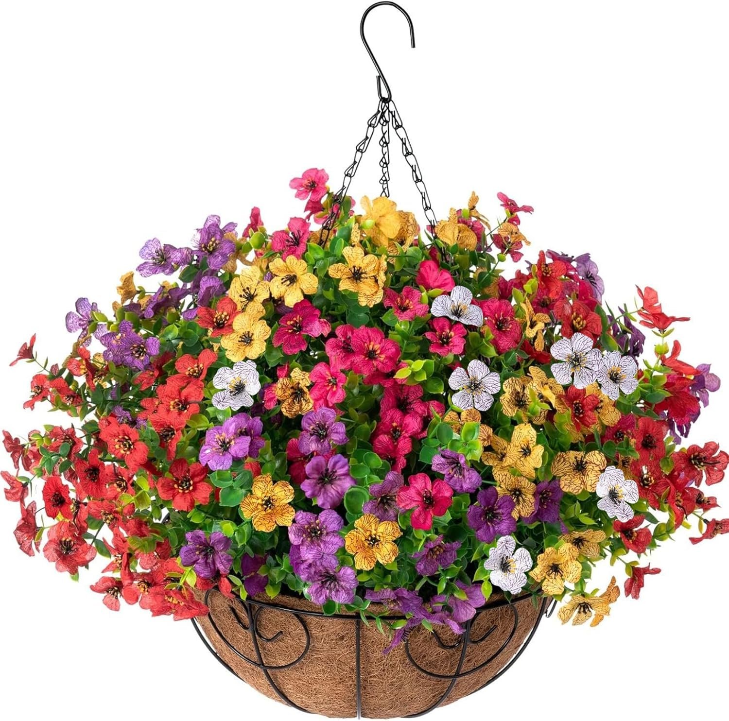 Artificial Faux Hanging Plants Flowers Basket for Summer Outdoor Outside Decoration, Fake Silk UV Sun Resistant Look Real Colorful Daisy Eucalyptus for Porch Home Patio Balcony Yard