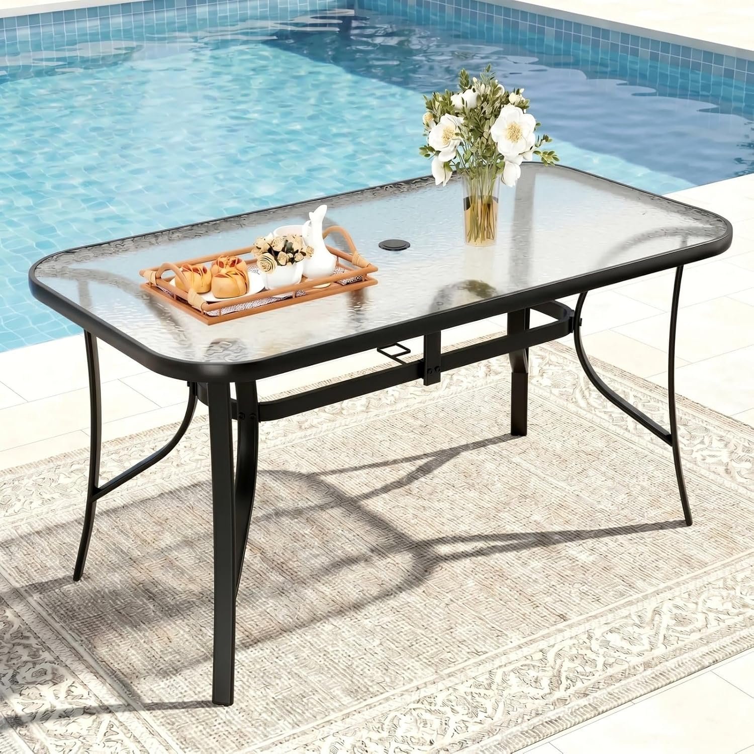 TLSUNNY Patio 30″X 55″ Rectangular Glass Table with 1.69″ Umbrella Hole | Outdoor Dining Table for 6, with Powder-coated Metal Frame, 5mm Thickened Glass, 220LBS, All-Weather for Garden, Backyard