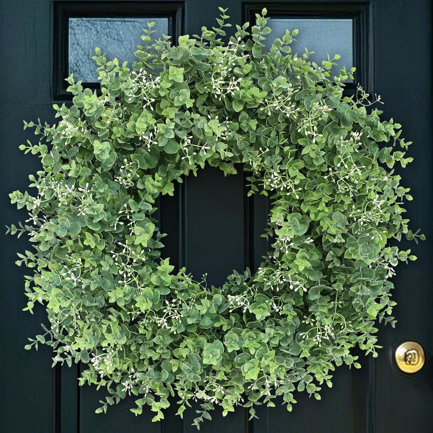 26” Artificial Eucalyptus Wreath with Seeds for Front Door Decor(Green) | Faux Eucalyptus Leaves with Seeds, UV-Resistant No Fade, Fake Greenery Outdoor Wreath, for Window,Farmhouse,Home,All Seasons