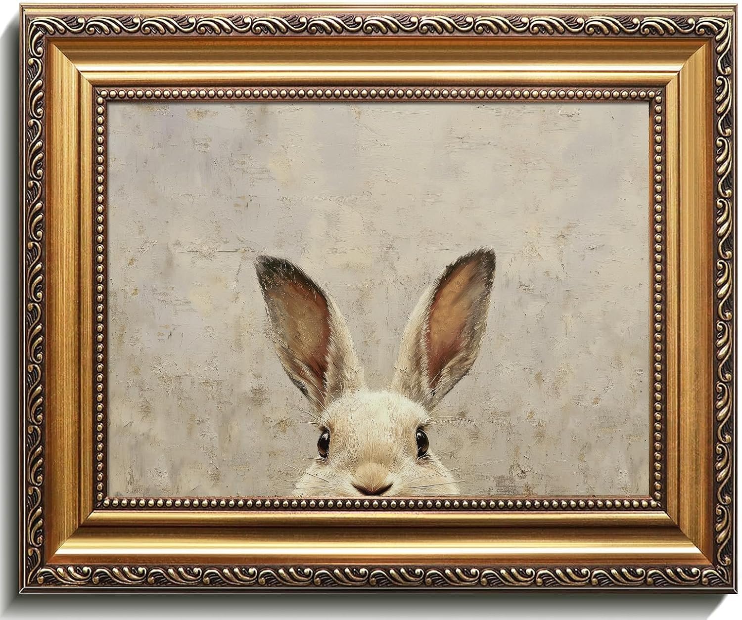 Uniro Vintage Gold Framed Wall Art, Easter Bunny Wall Art Decor, Neutral Rabbit Canvas Oil Painting Poster for Rustic Easter Décor, Vintage Home Decor Animals Artwork Prints Wall Decor for Kids Room, Living Room, Bedroom or Festive Spaces – 9x12inch