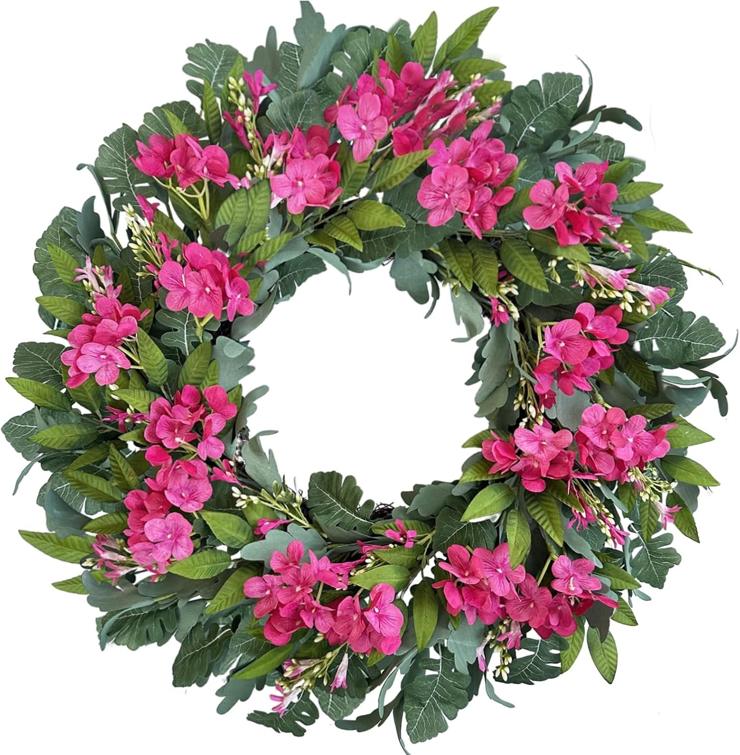 24 Inch Pink Hydrangea Wreaths for Front Door, Summer Artificial Floral Wreaths with Pink Wildflowers, Green Olive Leaves Large Foliage, Farmhouse Rustic Decor for Porch, Wall, Garden