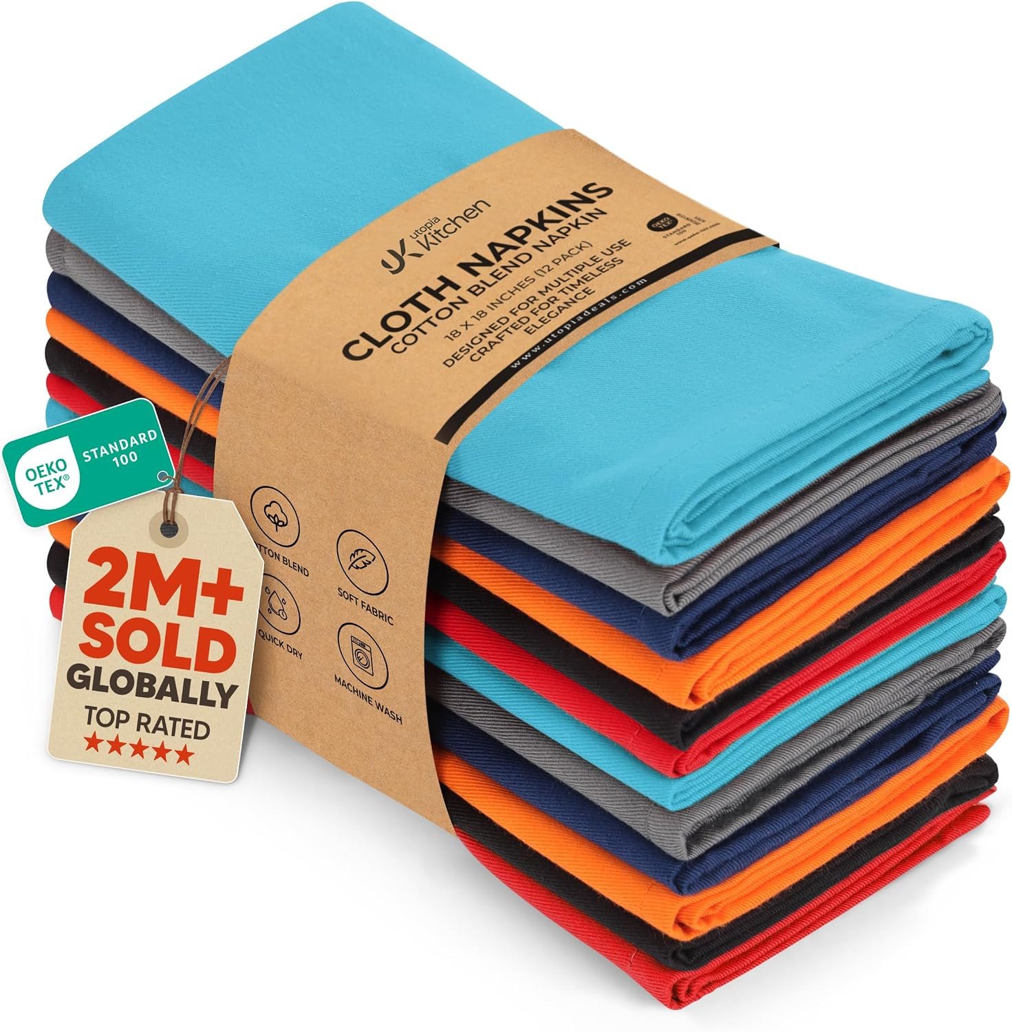 Utopia Kitchen Cotton Blend Multi Color Cloth Napkins [12 Pack, 18×18 Inch] | Absorbent Washable and Reusable for Dinner, Restaurant, Lunch, Wedding and Hotel