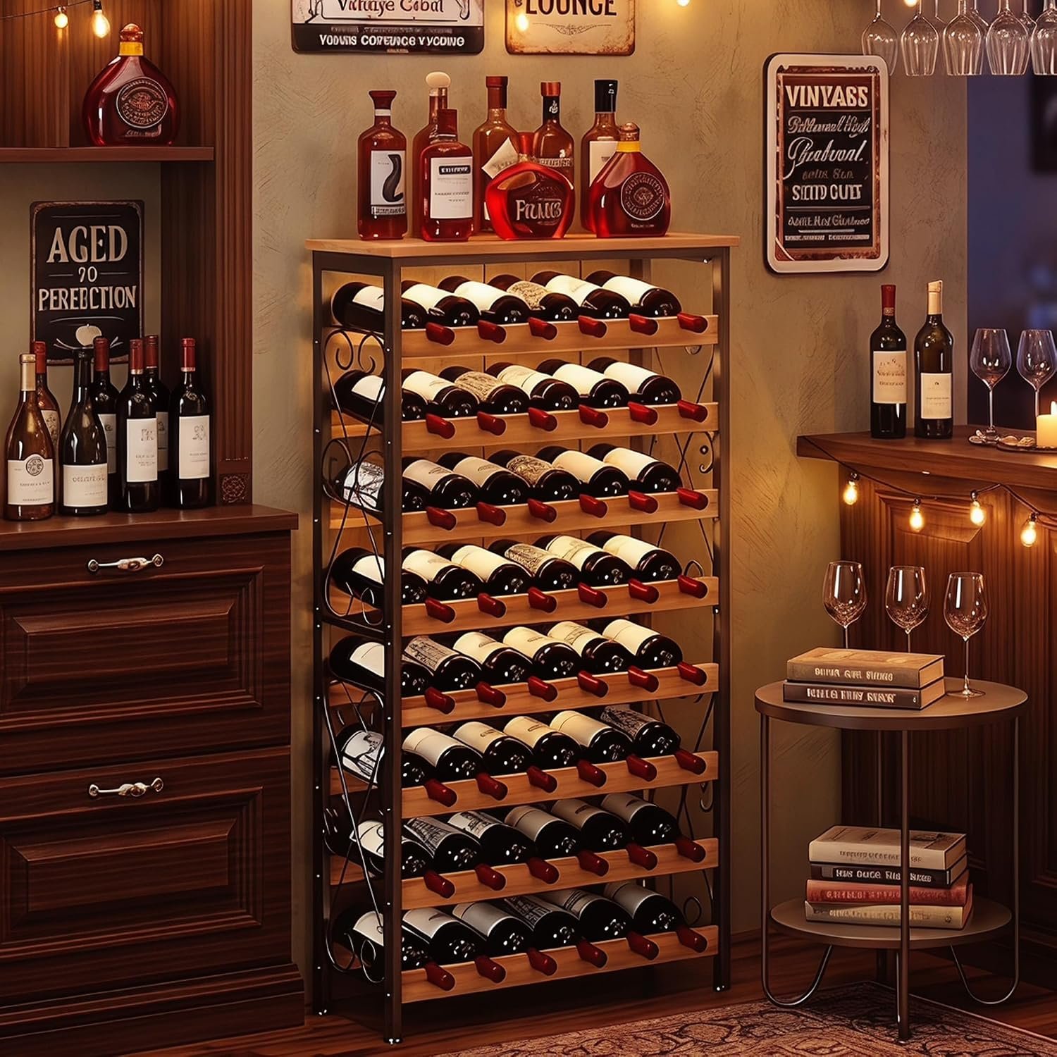 Sonyabecca 48 Bottle Wine Rack Freestanding Floor with Wood Top,8-Tier Wine Storage Shelf with Serving Station, Wine Holder for Kitchen, Bar, Dining Room, Home Bar Cabinet for Wine Bottles, No Wobble