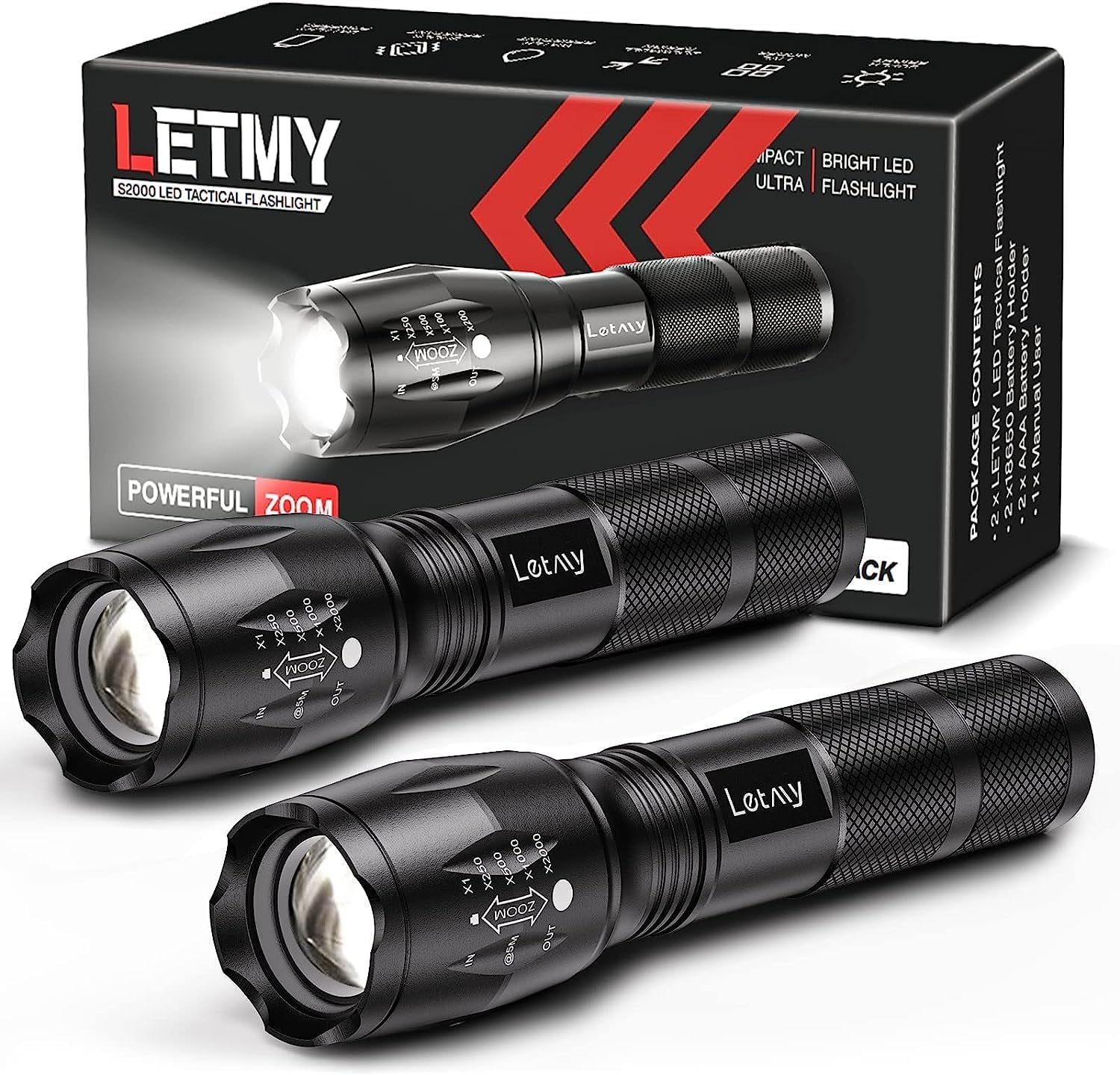 LETMY Tactical Flashlight S2000-2 Pack Bright Military Grade LED Flashlights High Lumens – Portable Handheld Flash Light, 5 Modes Zoomable Waterproof Flashlights for Home Emergency Camping Outdoor