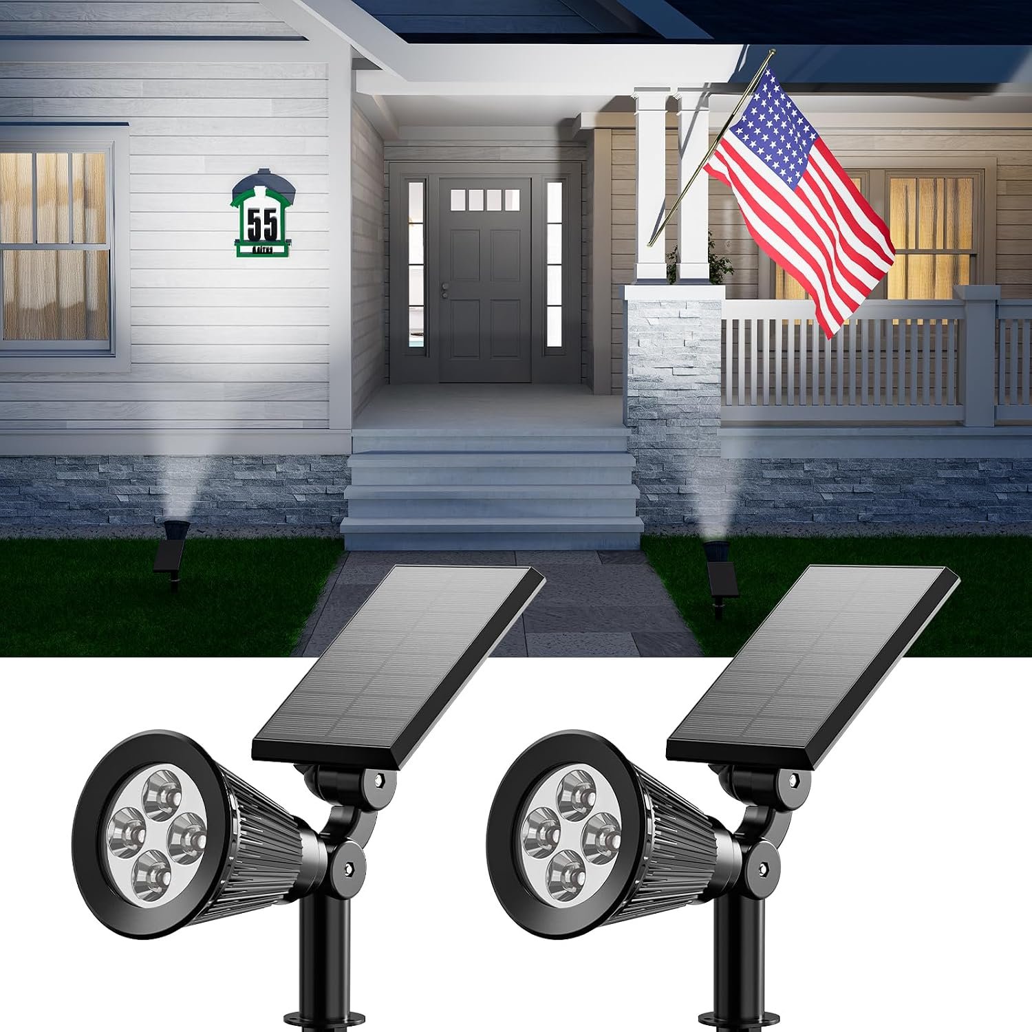 FALOVE 2 Pack Solar Spot Lights Outdoor Cool White LED Waterproof Landscape | 2 Modes Lighting, Large Size Power Panel, 12 Hrs Lasting Working, Bright Illuminated Flag, Tree, Flower, Lawn, Garden, Yard