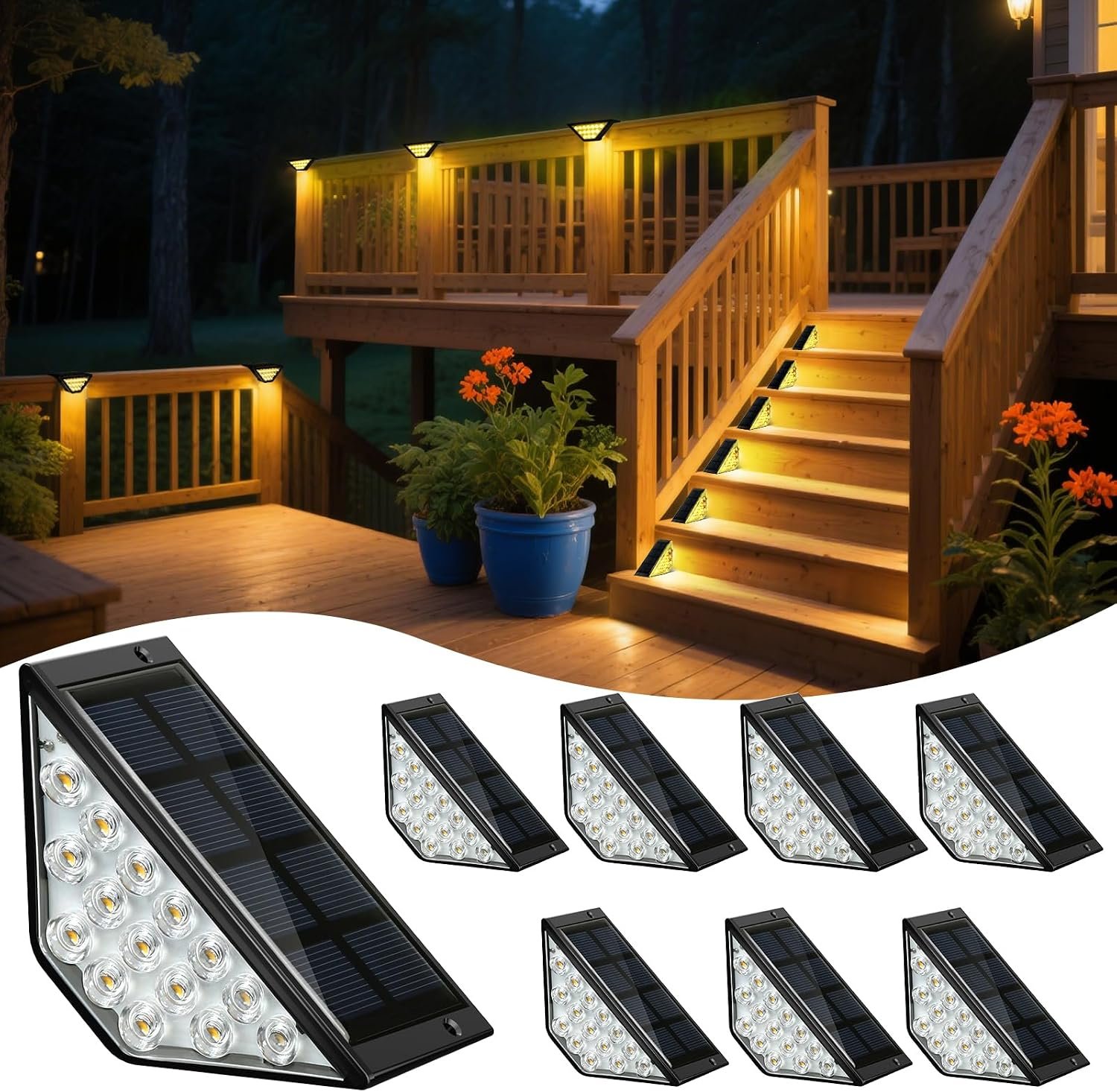 BKBB PPBB Solar Step Lights for Outside, Solar Stair Lights Outdoor Waterproof, Deck Step Lights for Fence, Patio, Yard, Porch, Front Door, Sidewalk, Garden, Patio Decor (8, Warm White)