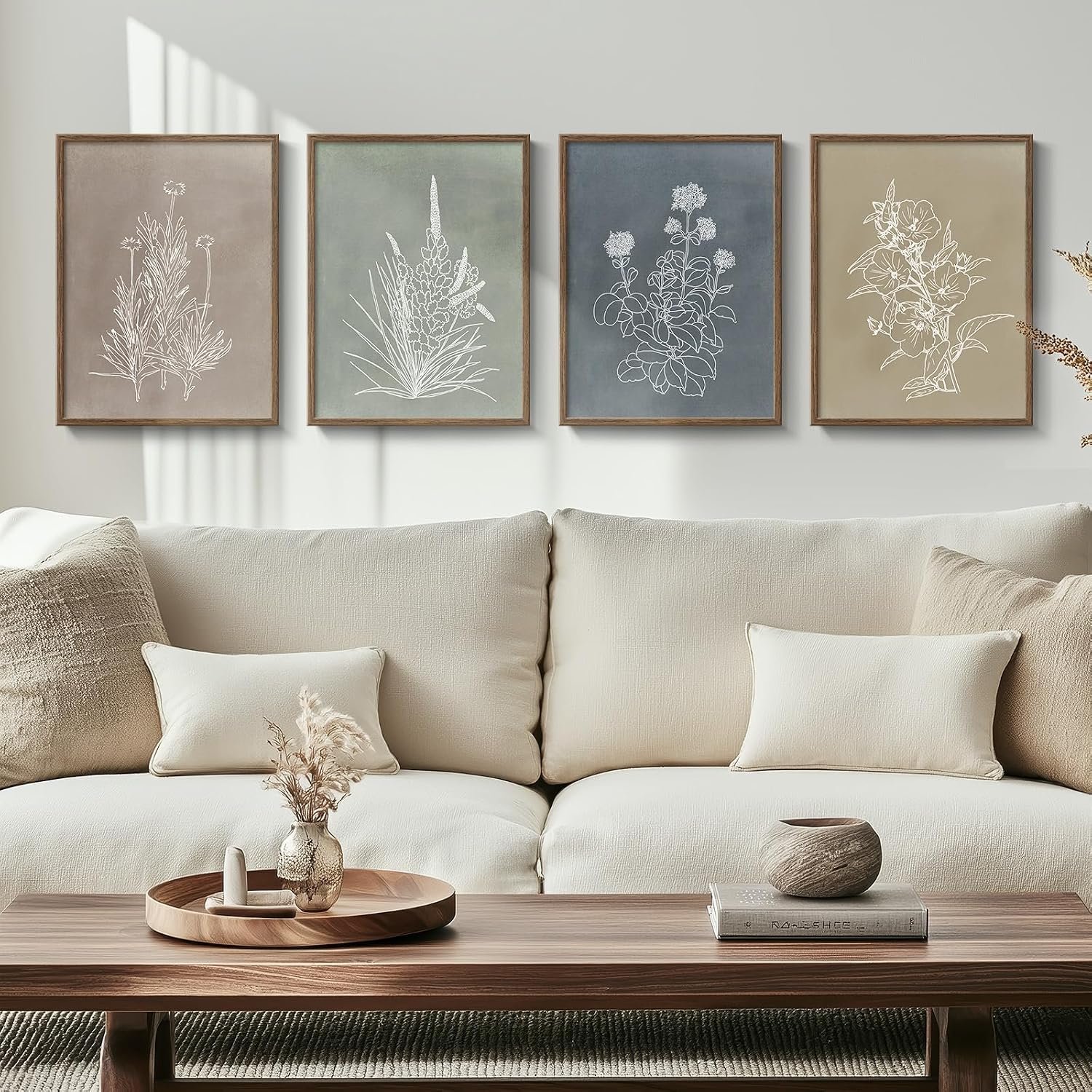 Framed Boho Neutral Botanical Wall Art for Living Room, 4 Piece 12×16 In | Rustic retro artwork, Floral pictures, Canvas prints, Vintage flower paintings, Modern farmhouse wall decor, Bedroom decor