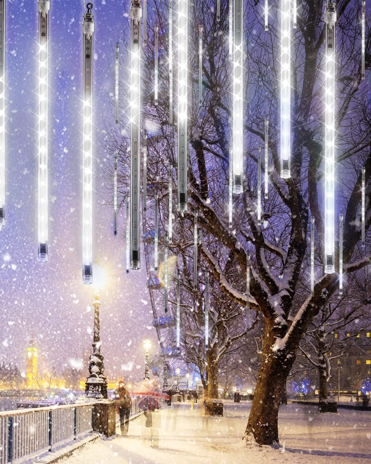 Christmas Lights Outdoor 20 Tubes White Meteor Shower Icicle Lights 480 LED | Raindrop Lights connectable plug Timer Function Cascading Falling Rain Light Eaves Holiday Christmas Decorations trees decor