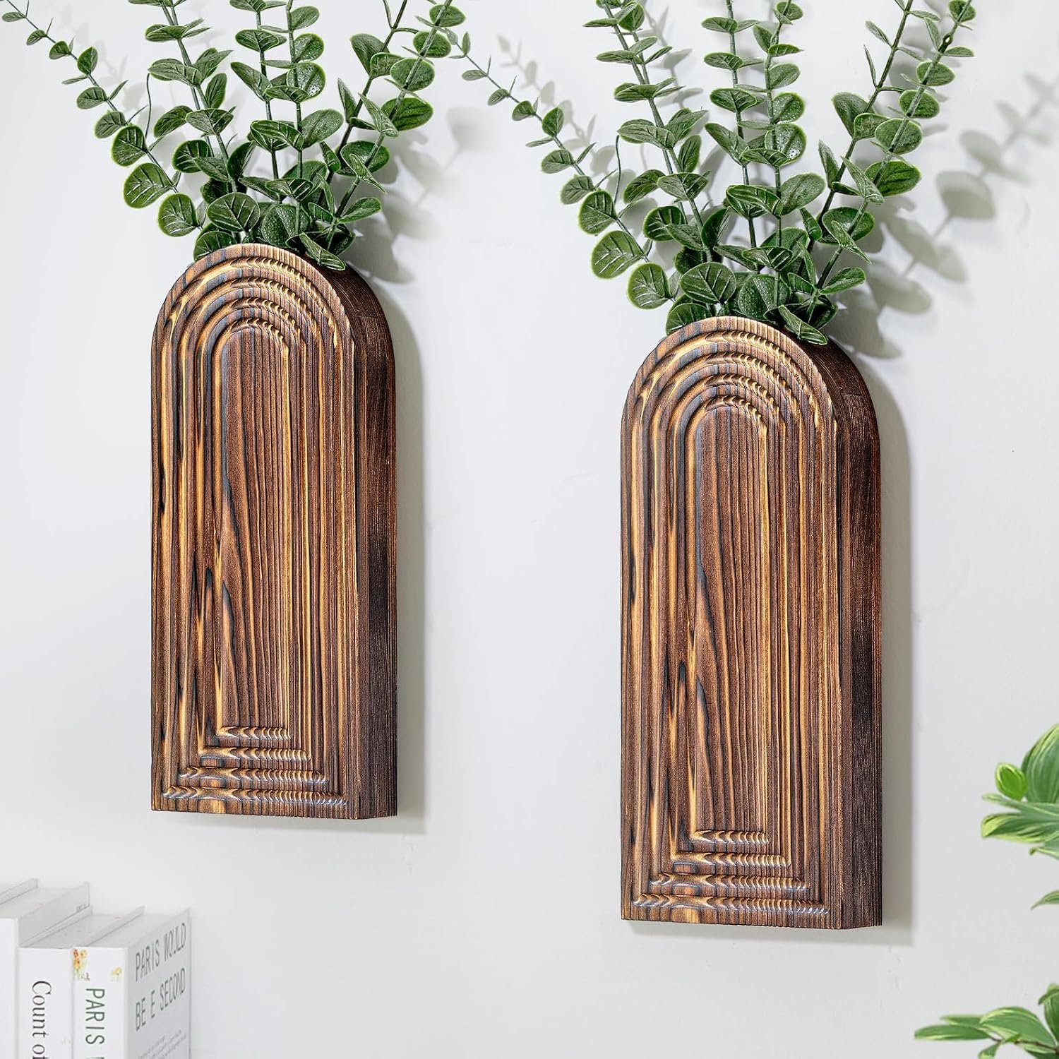 Wooden Wall Planter Vase Set of 2, Boho Hanging Planter for Indoor Plants & Flowers, Natural Wood Wall-Mounted Planters for Art Home Decor – Living Room, Bedroom, Bathroom, Patio (Brown)