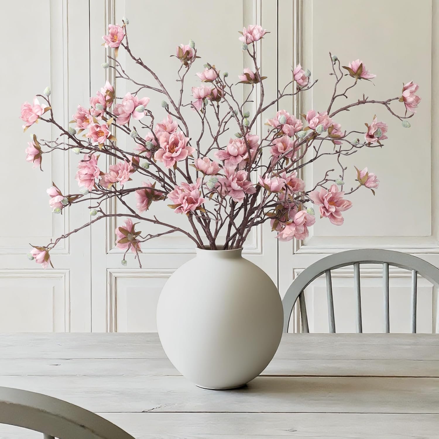 3PCS Artificial Magnolia Flowers Stems for Spring Decoration, Faux Pink Magnolia Branches with Buds, 34.5″ Long Stems Floral Arrangement for Vase Pot Table Centerpiece Indoor Decor