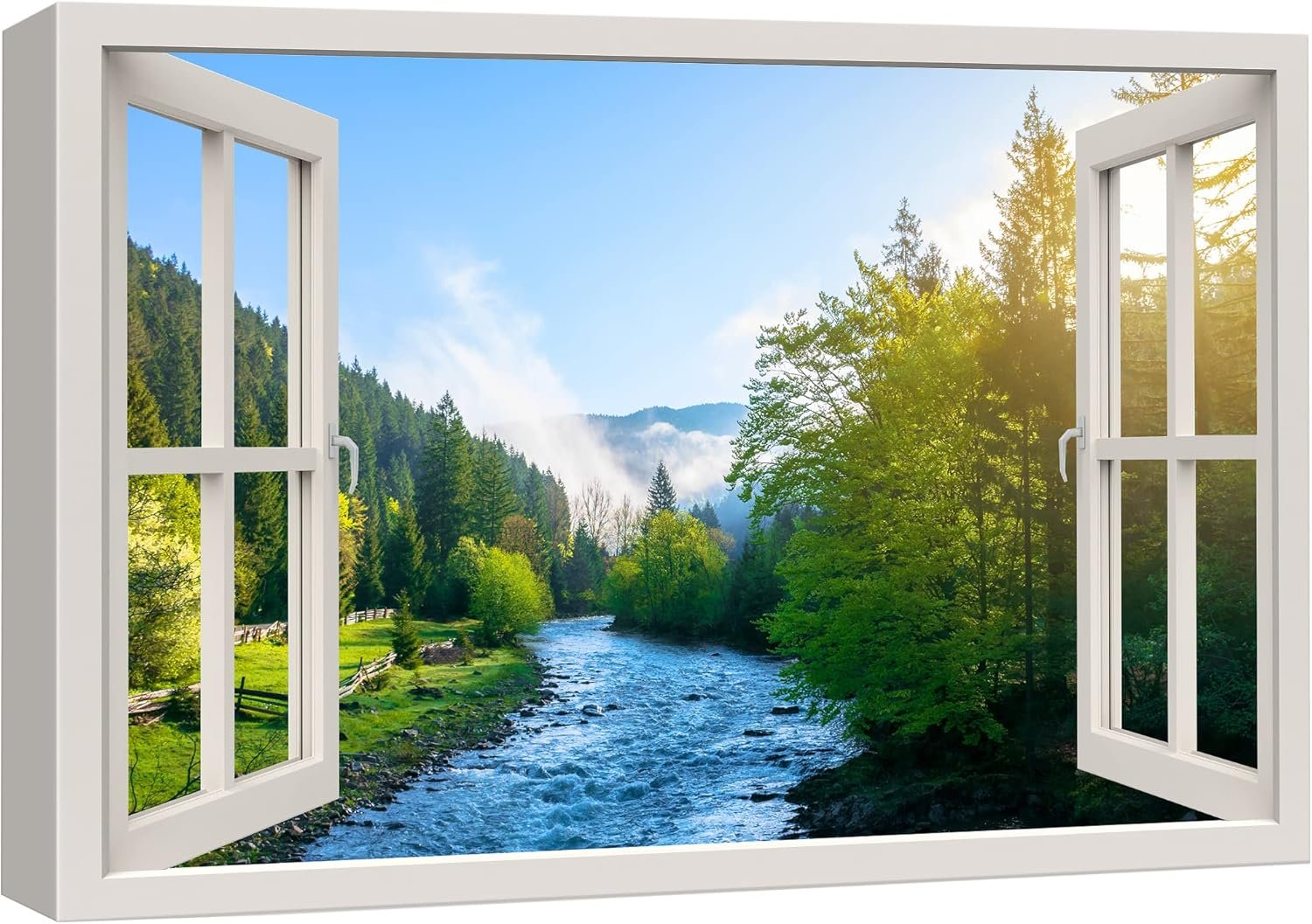 wall26 Canvas Print Wall Art Window View River Rapids Bright Green Forest Trees Wilderness Nature Photography Realism Scenic Landscape Colorful Multicolor for Living Room, Bedroom, Office – 16″x24″