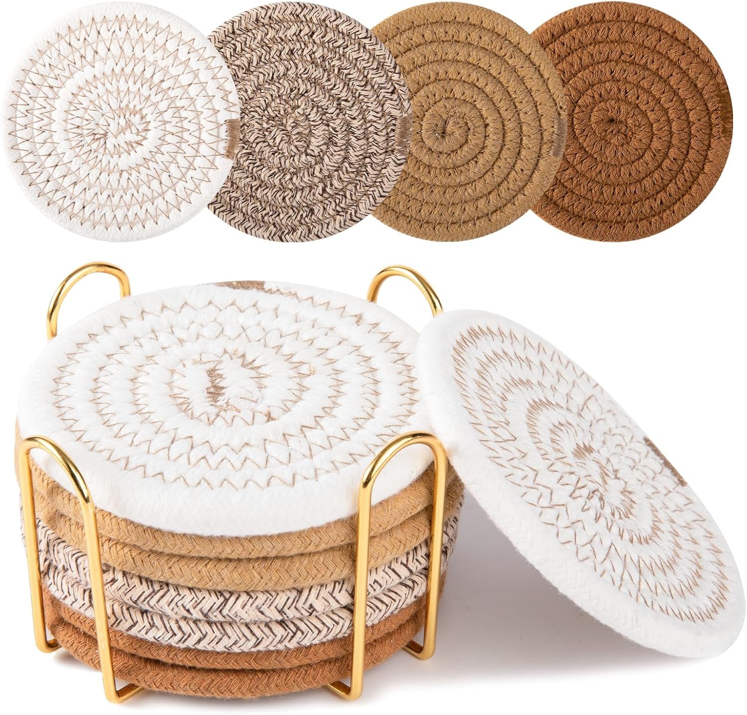 OIAHOMY 8 Pcs Coasters with Holder for Beer, Coffee, Woven Cotton Coaster Set for Table Decor for Kitchen, Bar, Dining Room, Living Room, Housewarming Gifts – Yellow