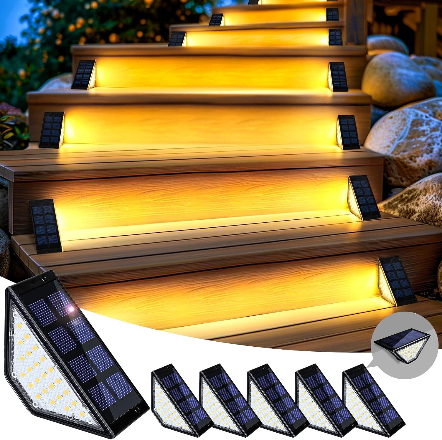 Solar Step Lights, Stair Lights Outdoor Waterproof Decor 6 Pack Warm White | 24 LEDs Step Lights for Outside, Porch, Front Door, Stair, Step, Deck, Fence, Balcony, Patio, Wall, Yard, Garden