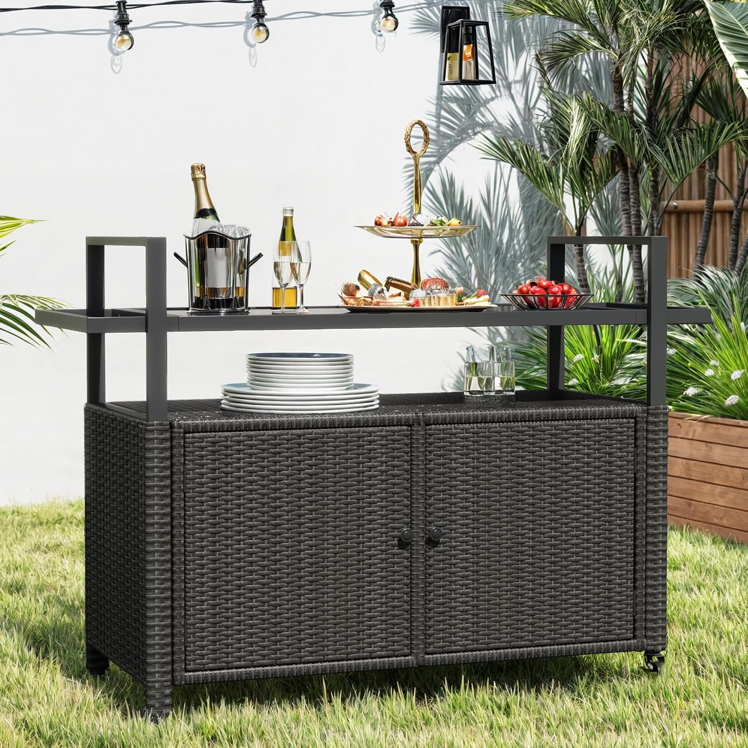 DWVO Outdoor Kitchen Island,Patio Buffet Cabinet with Glass Top&Storage | Bar Cart with Glass Top,Patio Storage Cabinet with Wheels,Outdoor Bar Table for Poolside and Backyard,Black