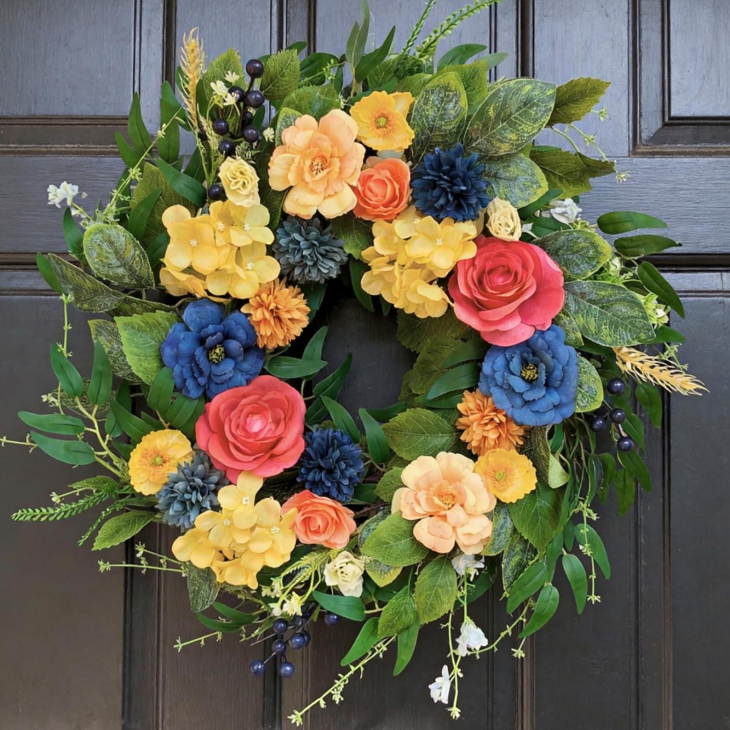Summer Wreaths for Front Door, 22 Inch Summer Wreath with Roses & Hydrangeas, Outdoor Floral Wreath for Summer Door Decor