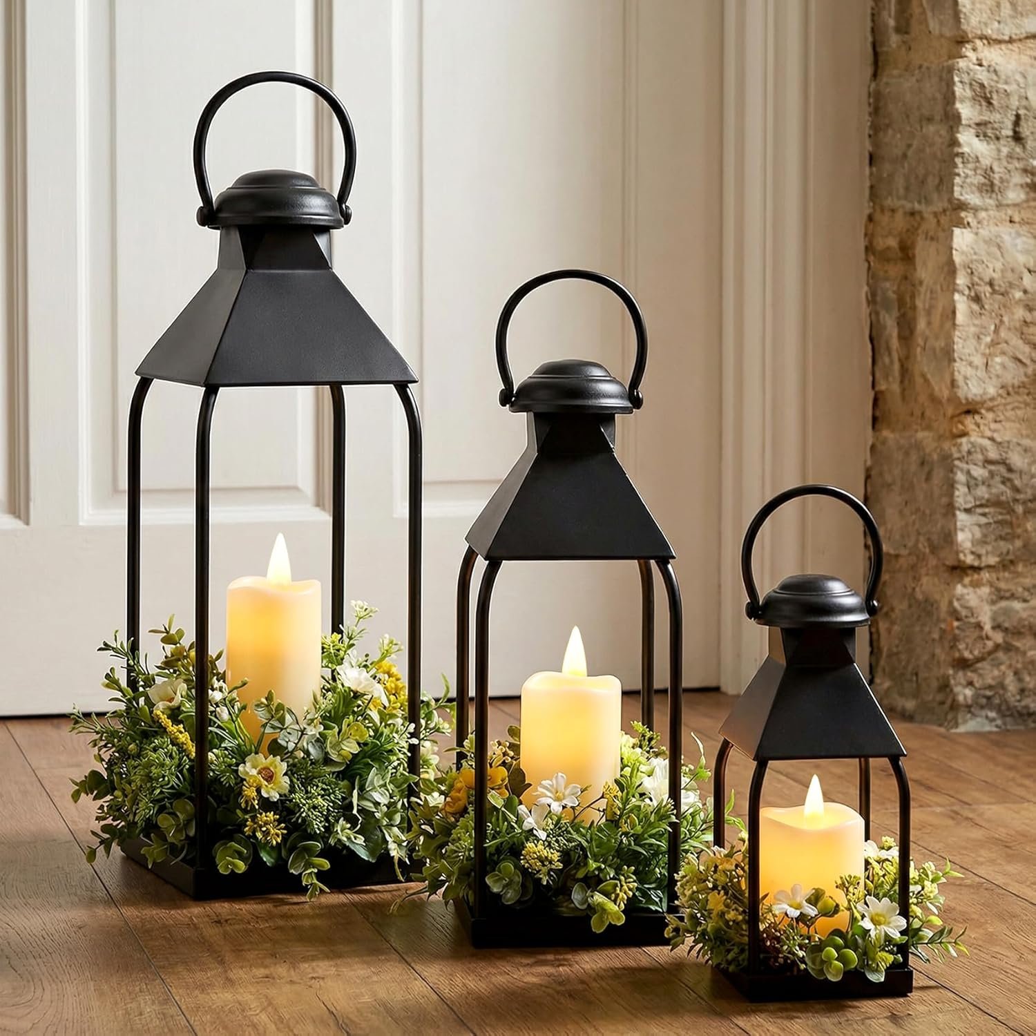 Decorative Metal Lanterns Indoor Outdoor, Set of 3 Outdoor Candle Holder | Candle Holder for Porch, Patio, Fireplace, Floor, Wedding & Christmas, Party Decoration, Holiday Table Centerpiece