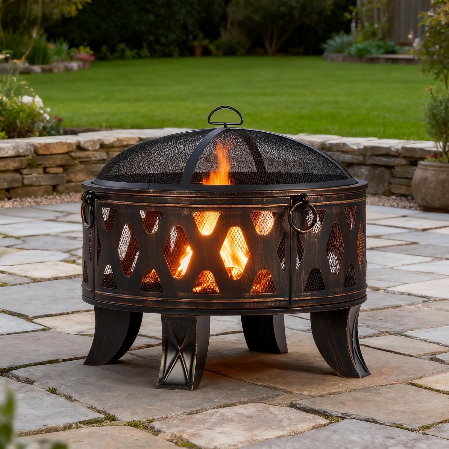 Breezz 26 in Round Wood-Burning Fire Pit with Grill | Includes a spark screen and cooking grate; ideal for patios, backyards, camping, Thanksgiving and Christmas gatherings.