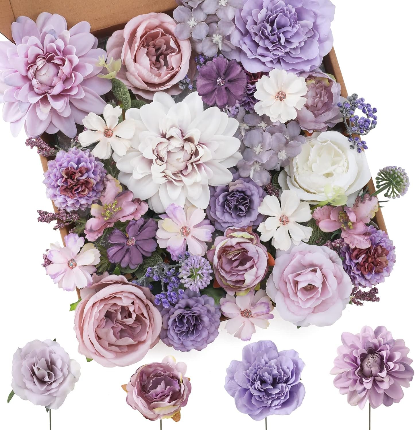 Artificial Flowers Combo Purple Flowers Mix Silk Flowers Dahlia Roses with Stems for DIY Wedding Bridal Bouquets, Baby Shower, Floral Arrangement, Table Centerpieces, Home Decorations.