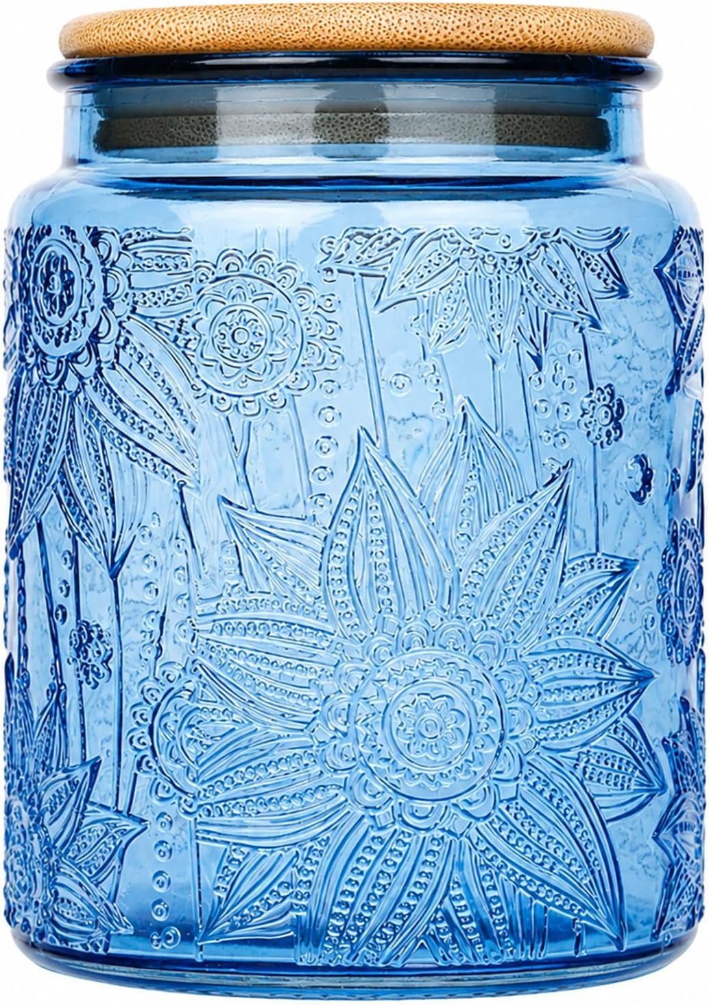 Blue Vintage Glass Candy Jar with Airtight Bamboo Lid, 23.7oz Kitchen Storage Canister for Sugar, Coffee, Tea, Cookies, Bath Salt – Decorative Mason Jar for Pantry & Counter(Blue, 23.7 fl oz)