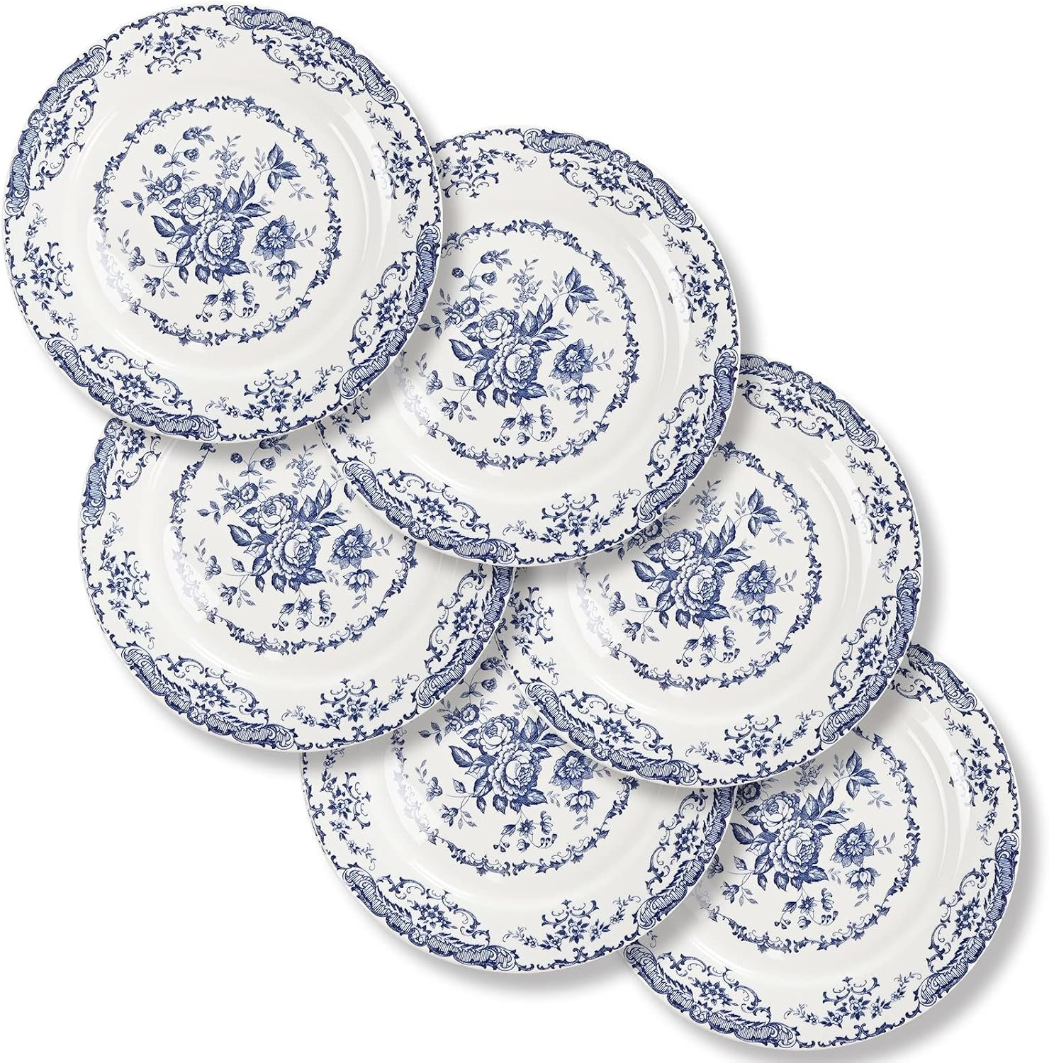 Salad Plates, 8.5 Inch White Blue Floral Plate, Ceramic, Set of 6 | Microwave Safe, Dishwasher Safe, Dessert Plate, Ideal for Daily Use and Parties