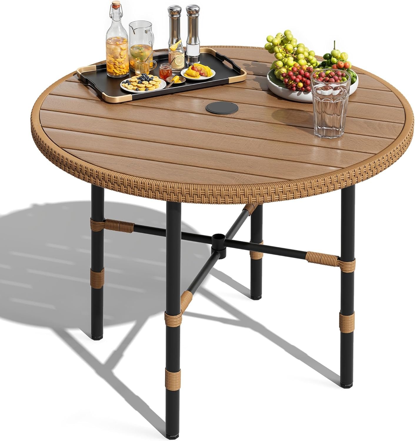 DWVO Outdoor Patio Dining Table Round for 4 35.4″ Outdoor Tables with Umbrella Hole & Adjustable Levelers All-Weather Bistro Table with Metal Frame for Lawn Garden Backyard