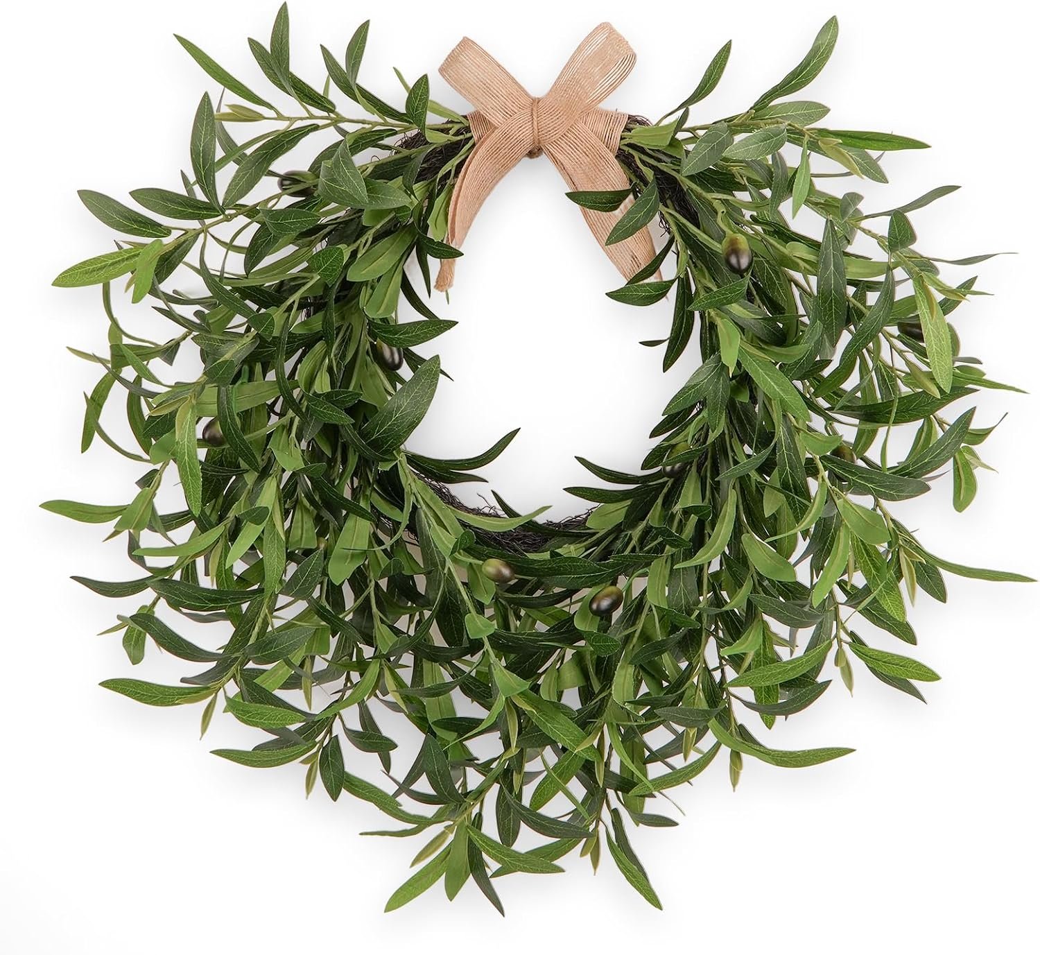 Artificial Olive Wreath for Front Door – 22 Inch Faux Greenery Wreath with Burlap Bow & Olives – Modern Farmhouse Wall Decor, Year Round Spring Summer Wreath for Indoor Outdoor Wedding Entryway